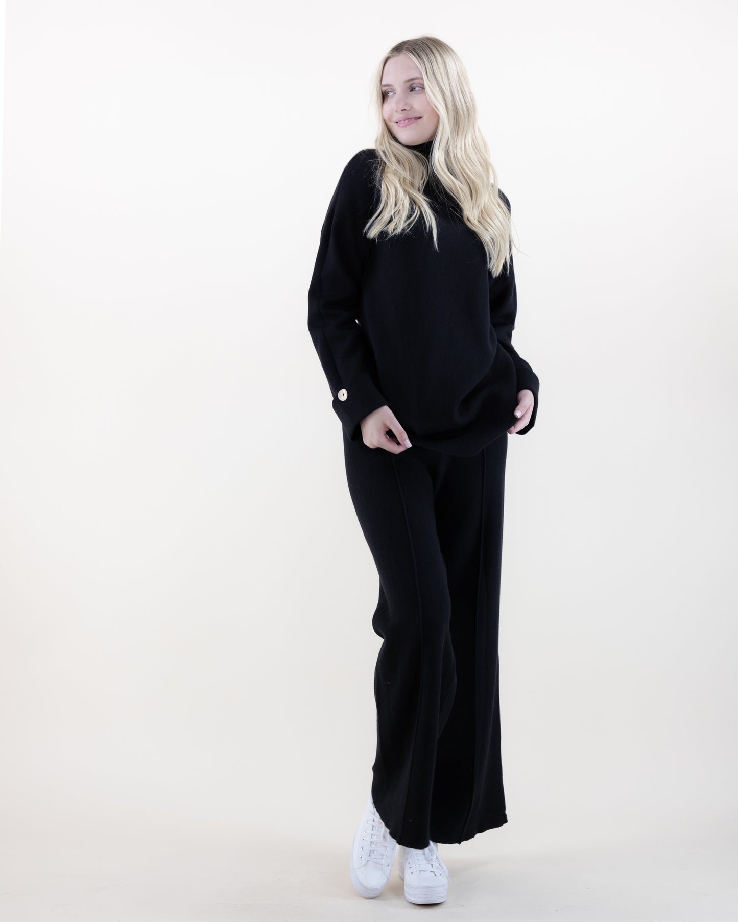 Relaxed Button Detail Long Knit Top with Matching Wide-Leg Pants 2pcs Set