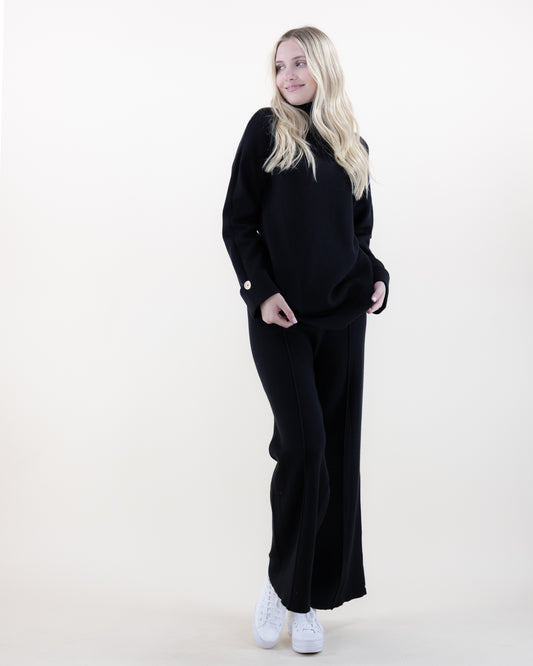 Relaxed Button Detail Long Knit Top with Matching Wide-Leg Pants 2pcs Set