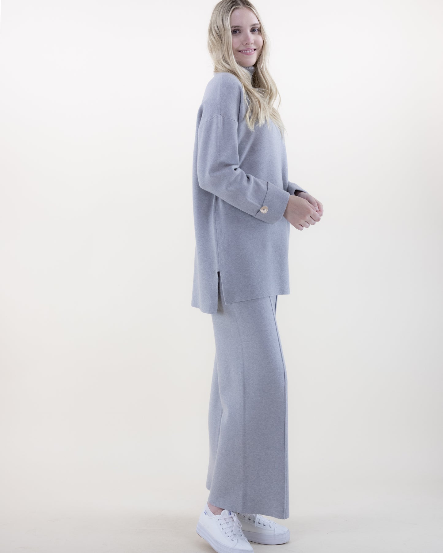 Relaxed Button Detail Long Knit Top with Matching Wide-Leg Pants 2pcs Set