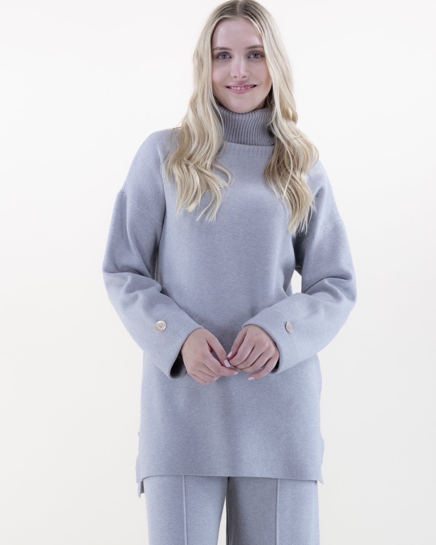 Relaxed Button Detail Long Knit Top with Matching Wide-Leg Pants 2pcs Set