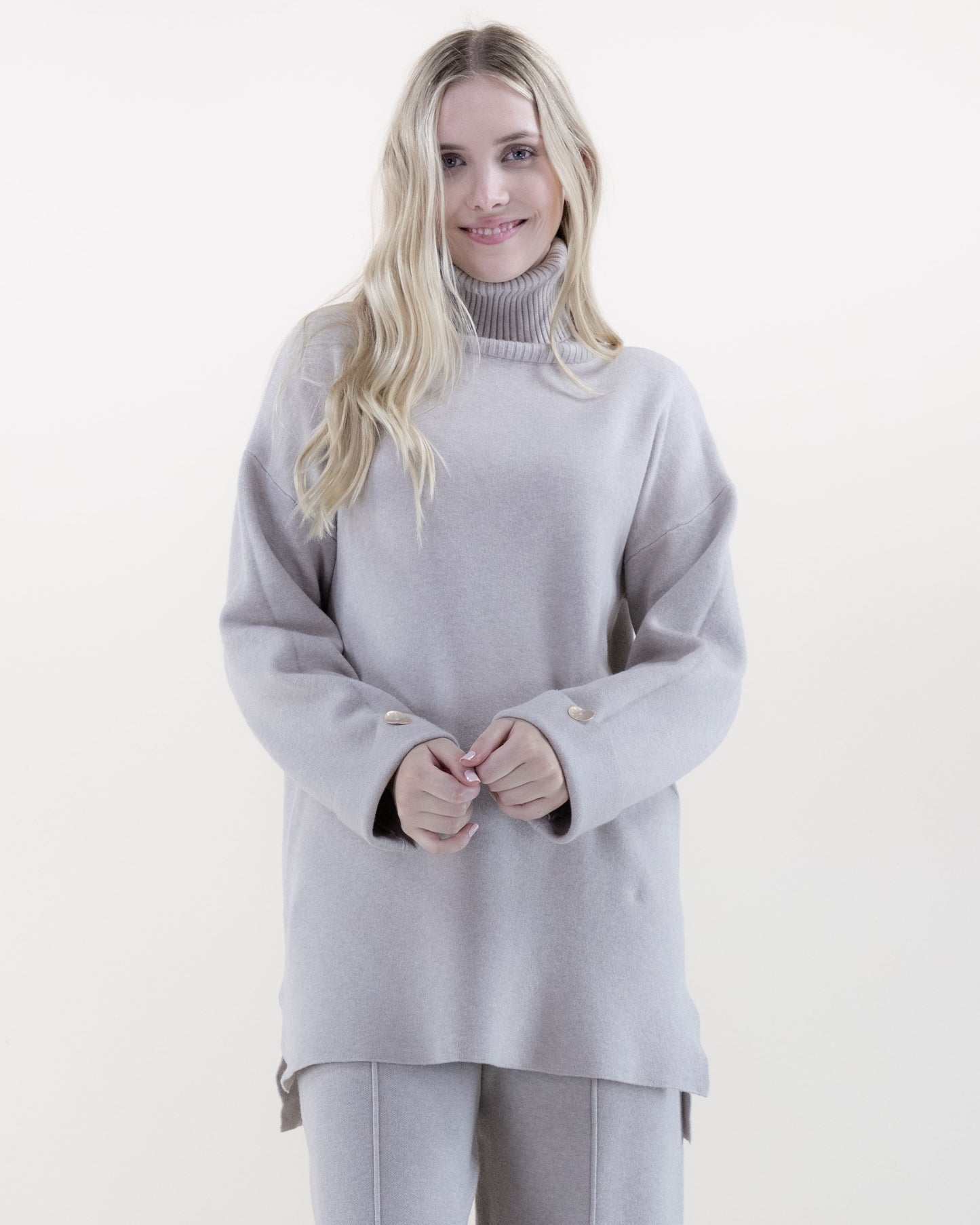 Relaxed Button Detail Long Knit Top with Matching Wide-Leg Pants 2pcs Set