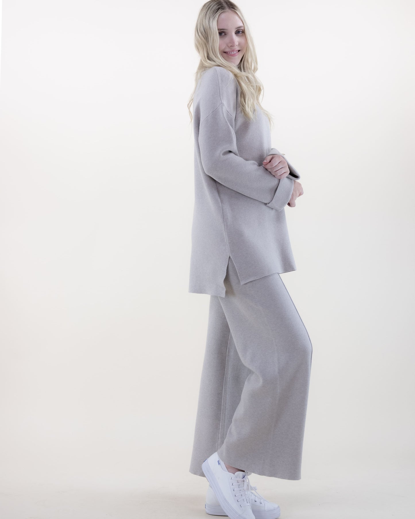 Relaxed Button Detail Long Knit Top with Matching Wide-Leg Pants 2pcs Set