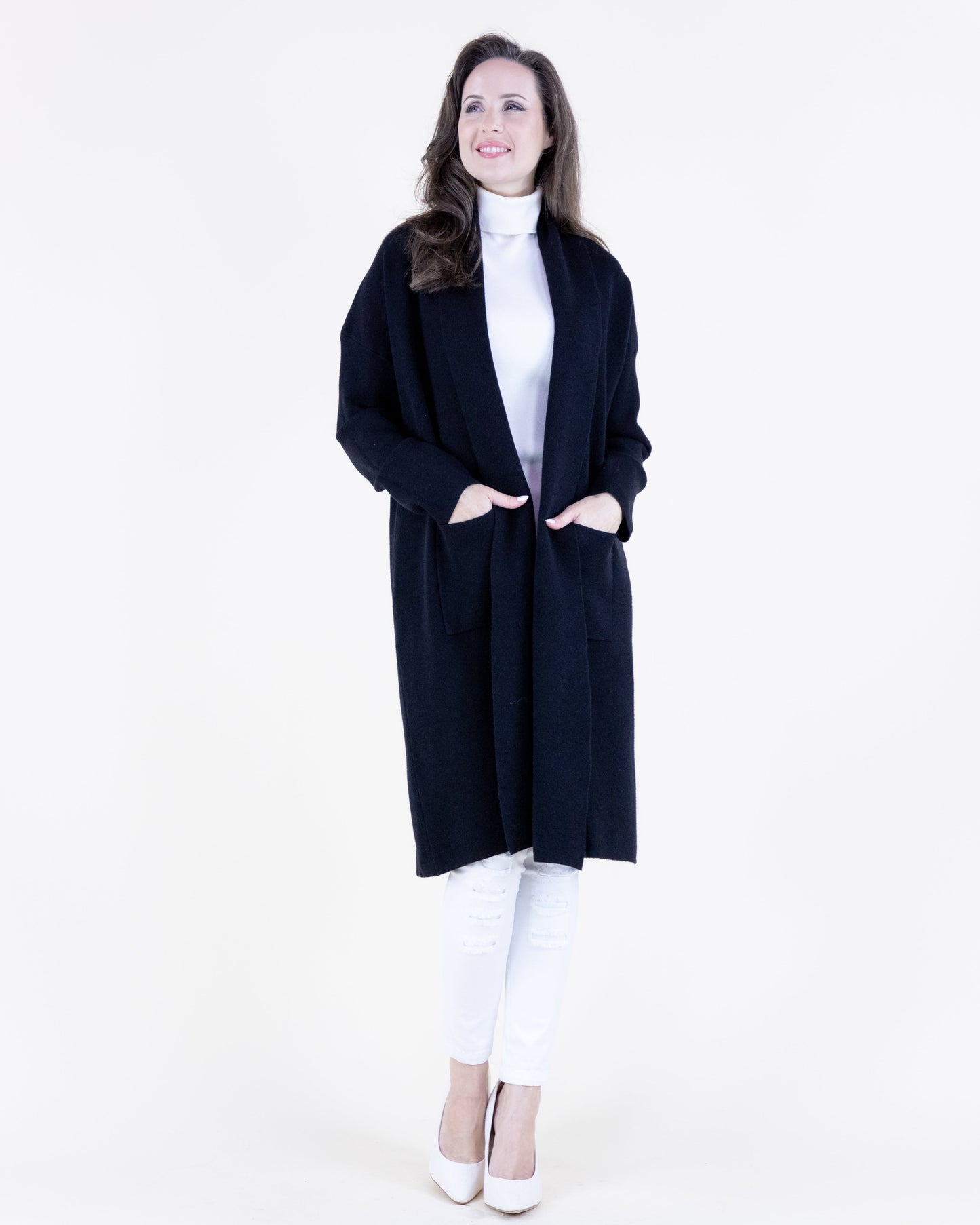 Shawl Collar Open Front Cardigan w/ Front Pockets