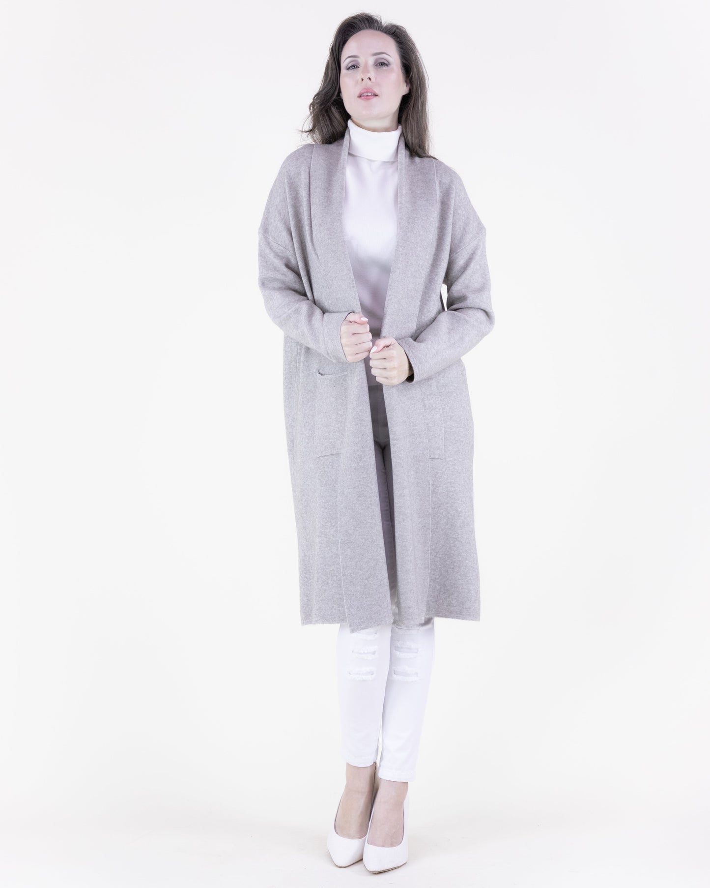 Shawl Collar Open Front Cardigan w/ Front Pockets