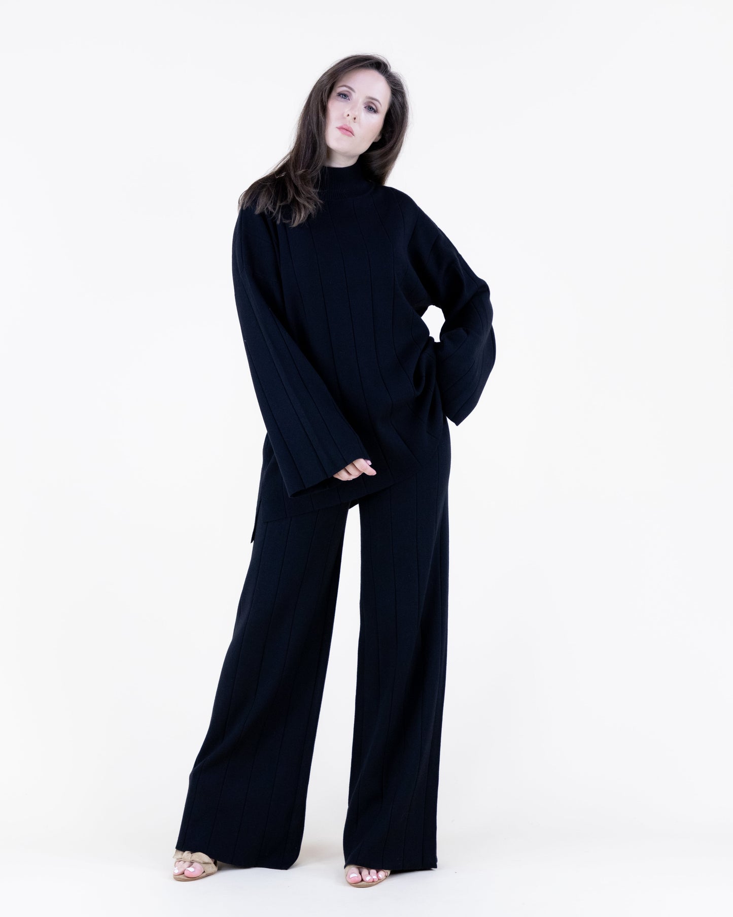 Ribbed High-Neck Knit Sweater
