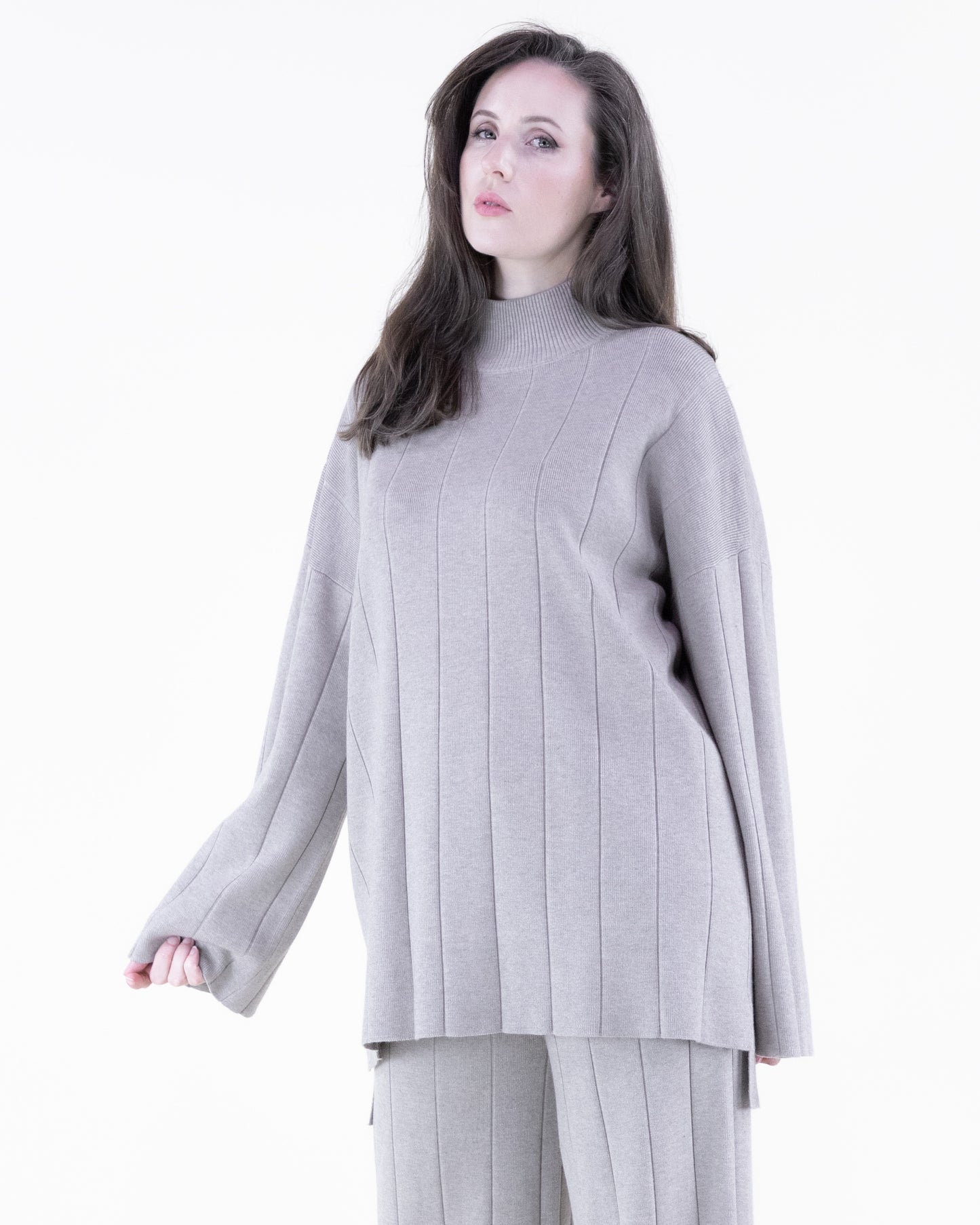 Ribbed High-Neck Knit Sweater