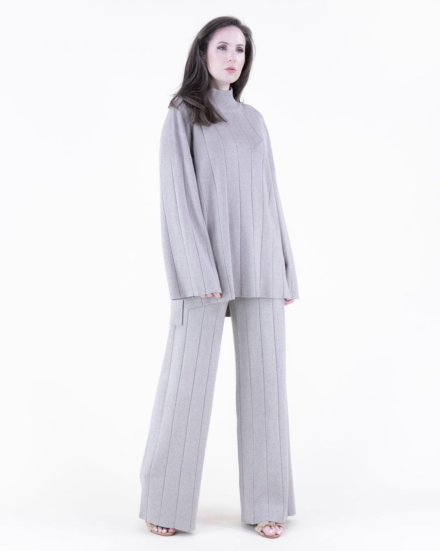 Ribbed High-Neck Knit Sweater