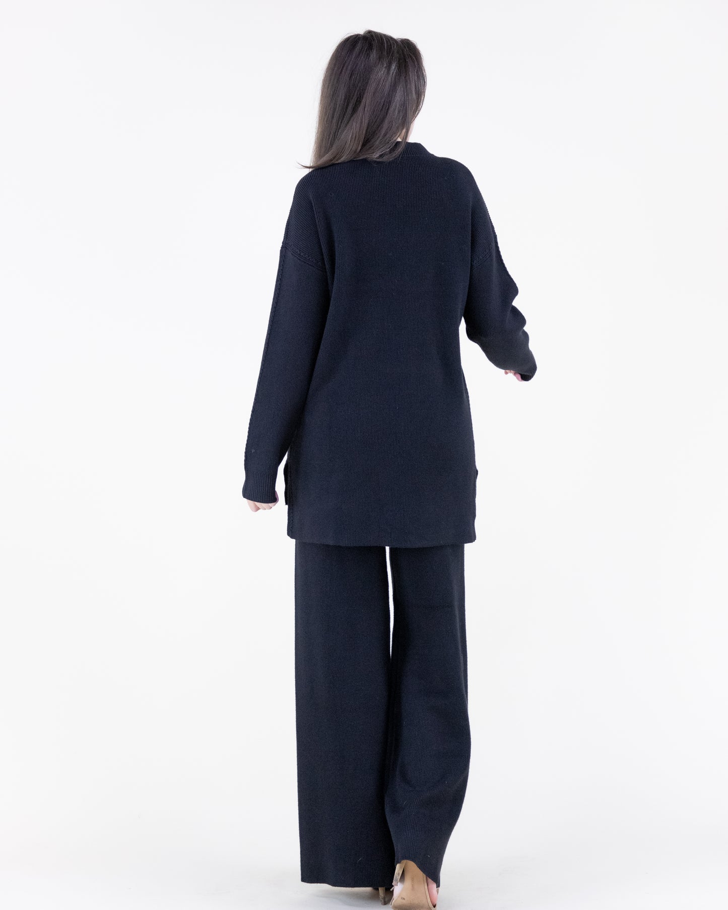 Earth Tone Ribbed Knit Sweater and Wide-Leg Pants 2pcs Set