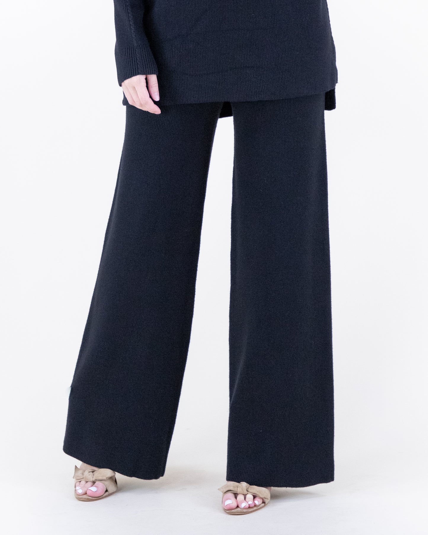 Earth Tone Ribbed Knit Sweater and Wide-Leg Pants 2pcs Set