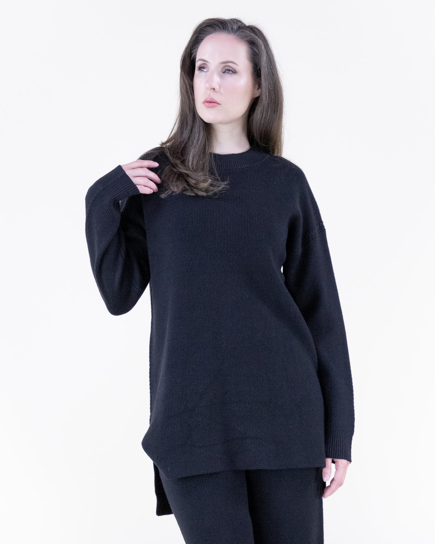 Earth Tone Ribbed Knit Sweater and Wide-Leg Pants 2pcs Set