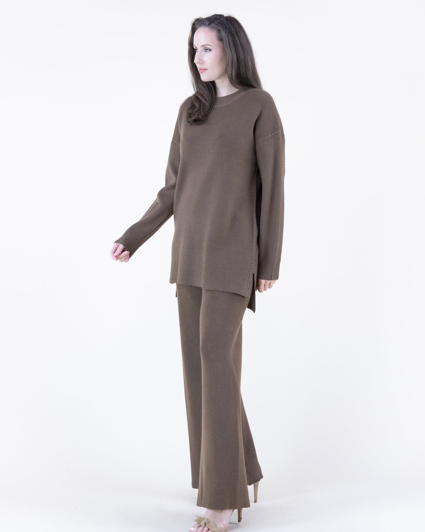 Earth Tone Ribbed Knit Sweater and Wide-Leg Pants 2pcs Set