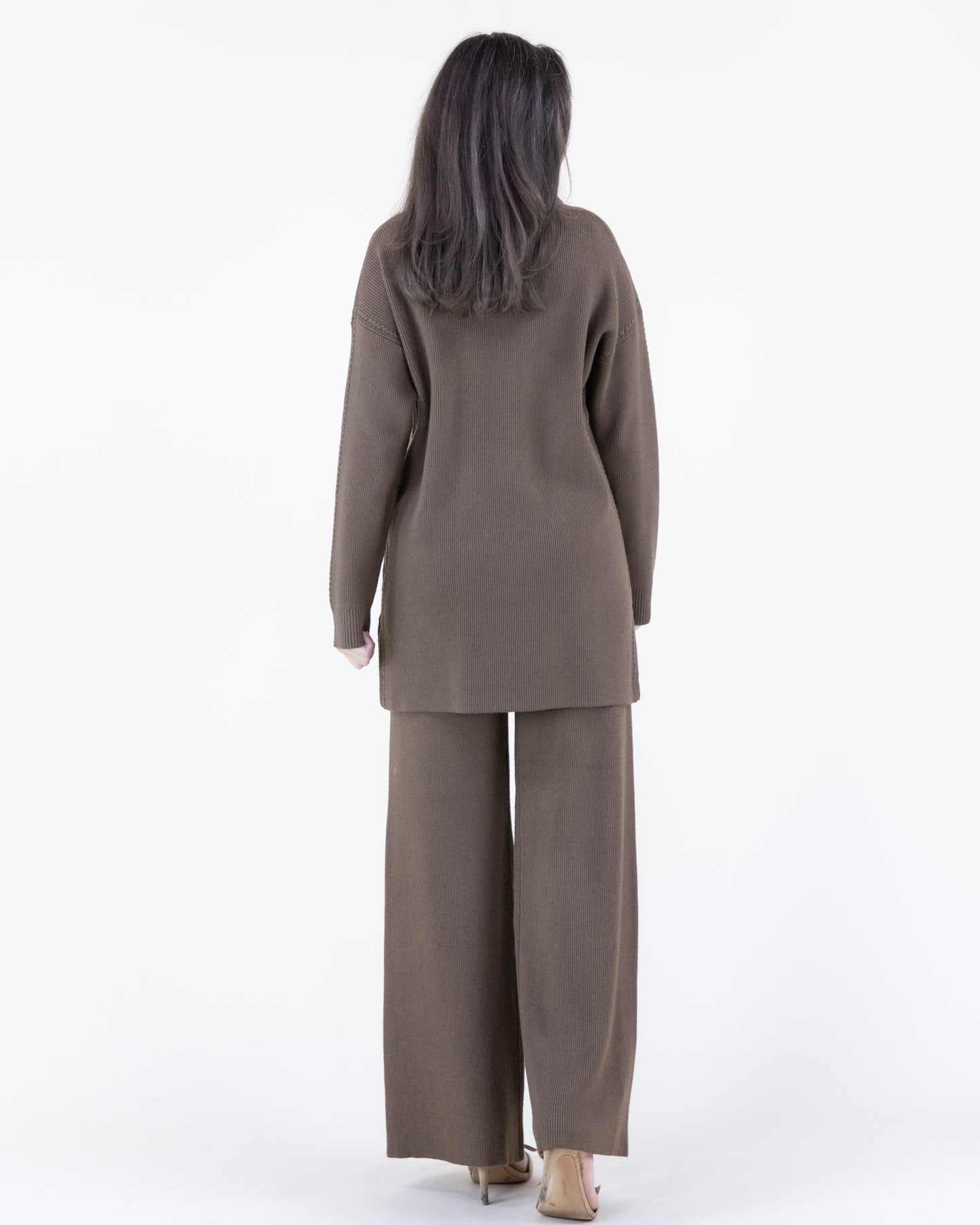 Earth Tone Ribbed Knit Sweater and Wide-Leg Pants 2pcs Set