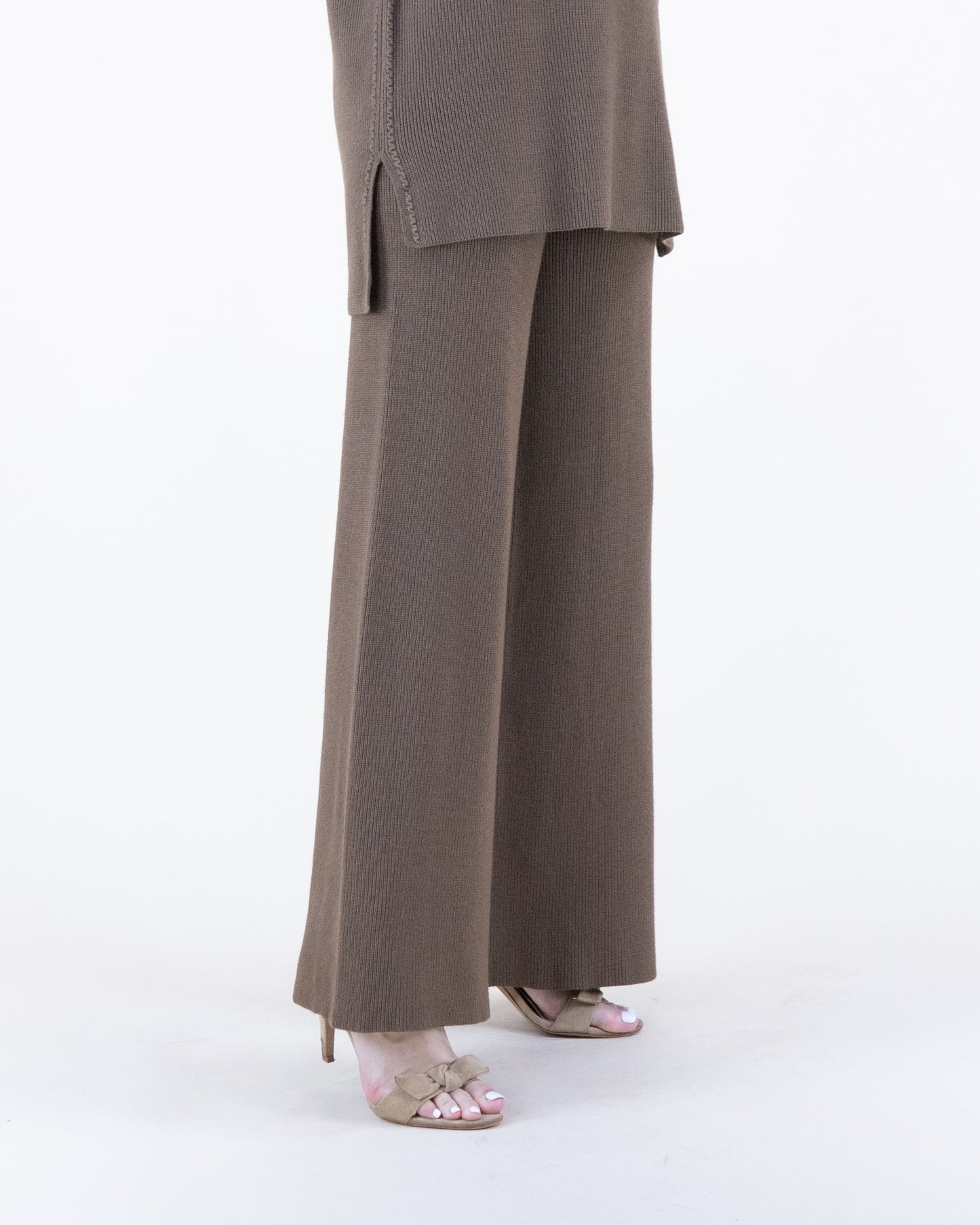 Earth Tone Ribbed Knit Sweater and Wide-Leg Pants 2pcs Set