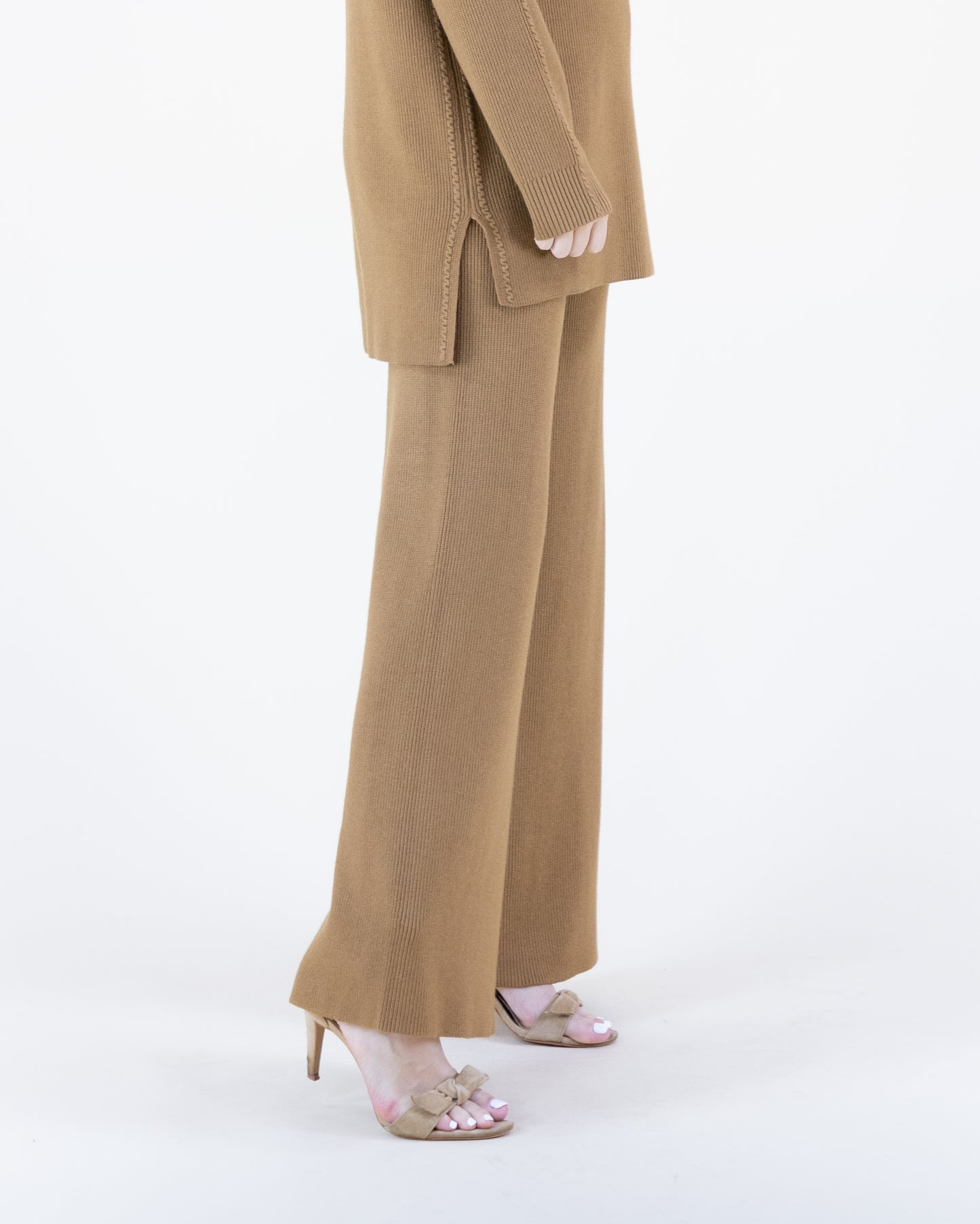 Earth Tone Ribbed Knit Sweater and Wide-Leg Pants 2pcs Set