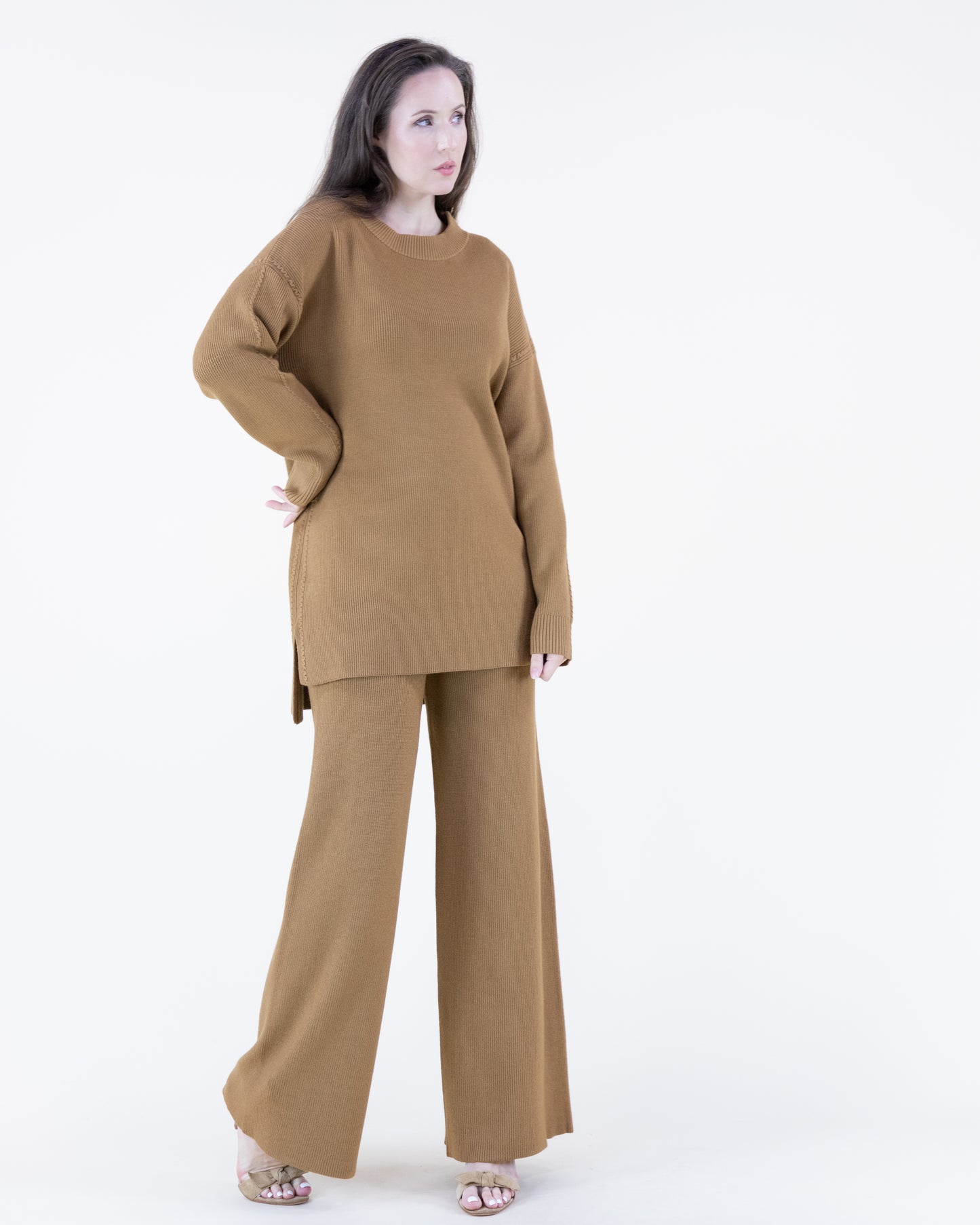 Earth Tone Ribbed Knit Sweater and Wide-Leg Pants 2pcs Set
