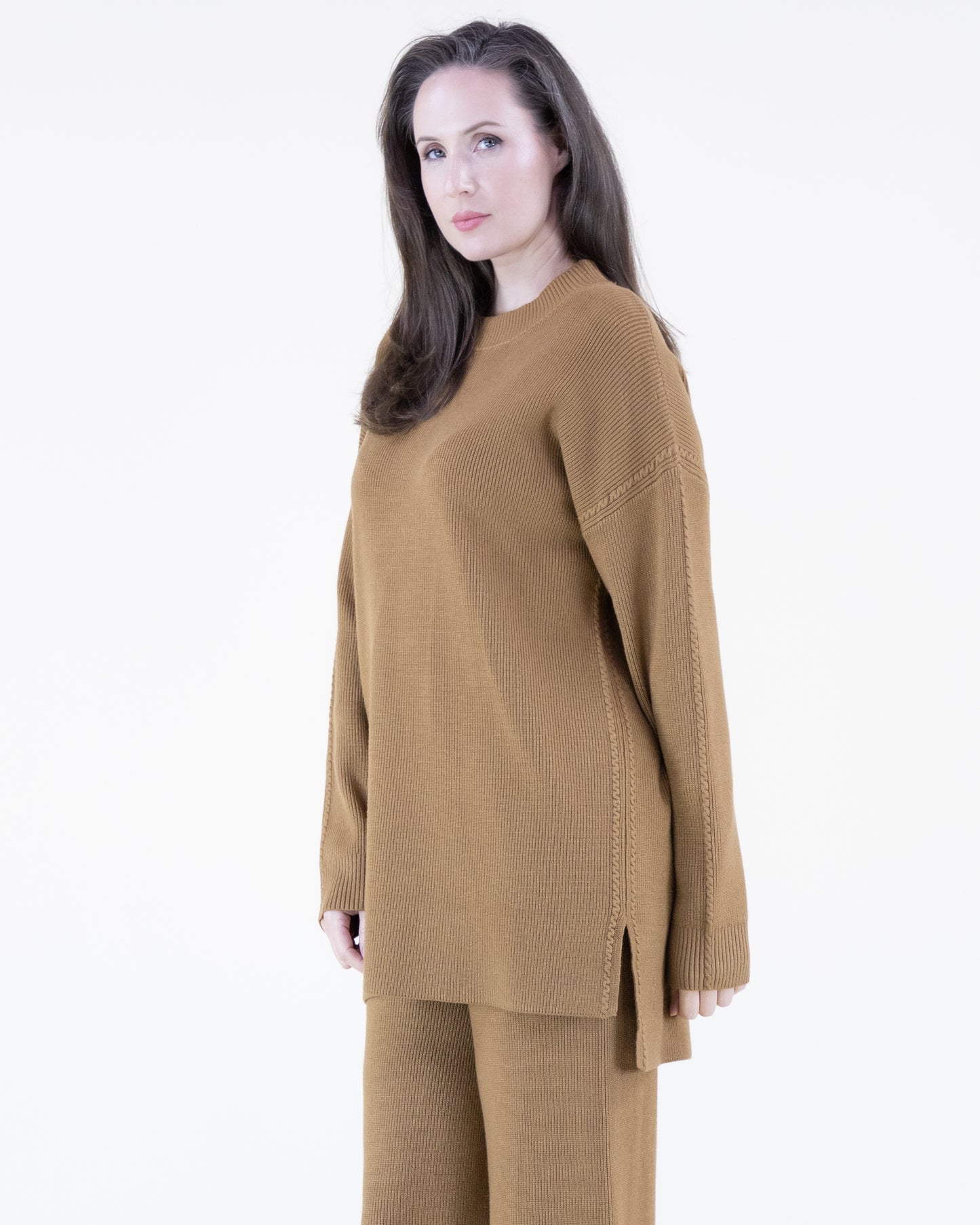 Earth Tone Ribbed Knit Sweater and Wide-Leg Pants 2pcs Set