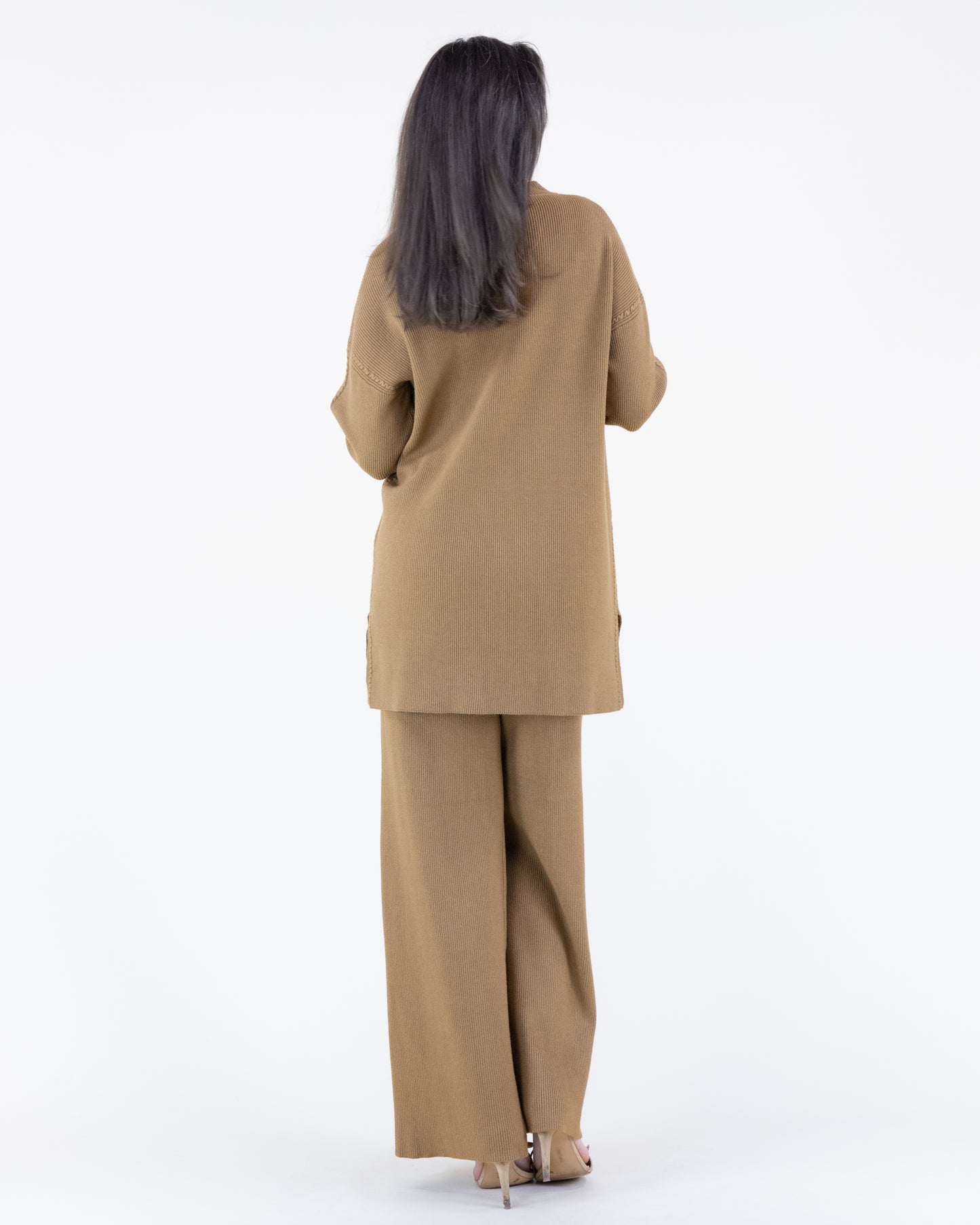 Earth Tone Ribbed Knit Sweater and Wide-Leg Pants 2pcs Set