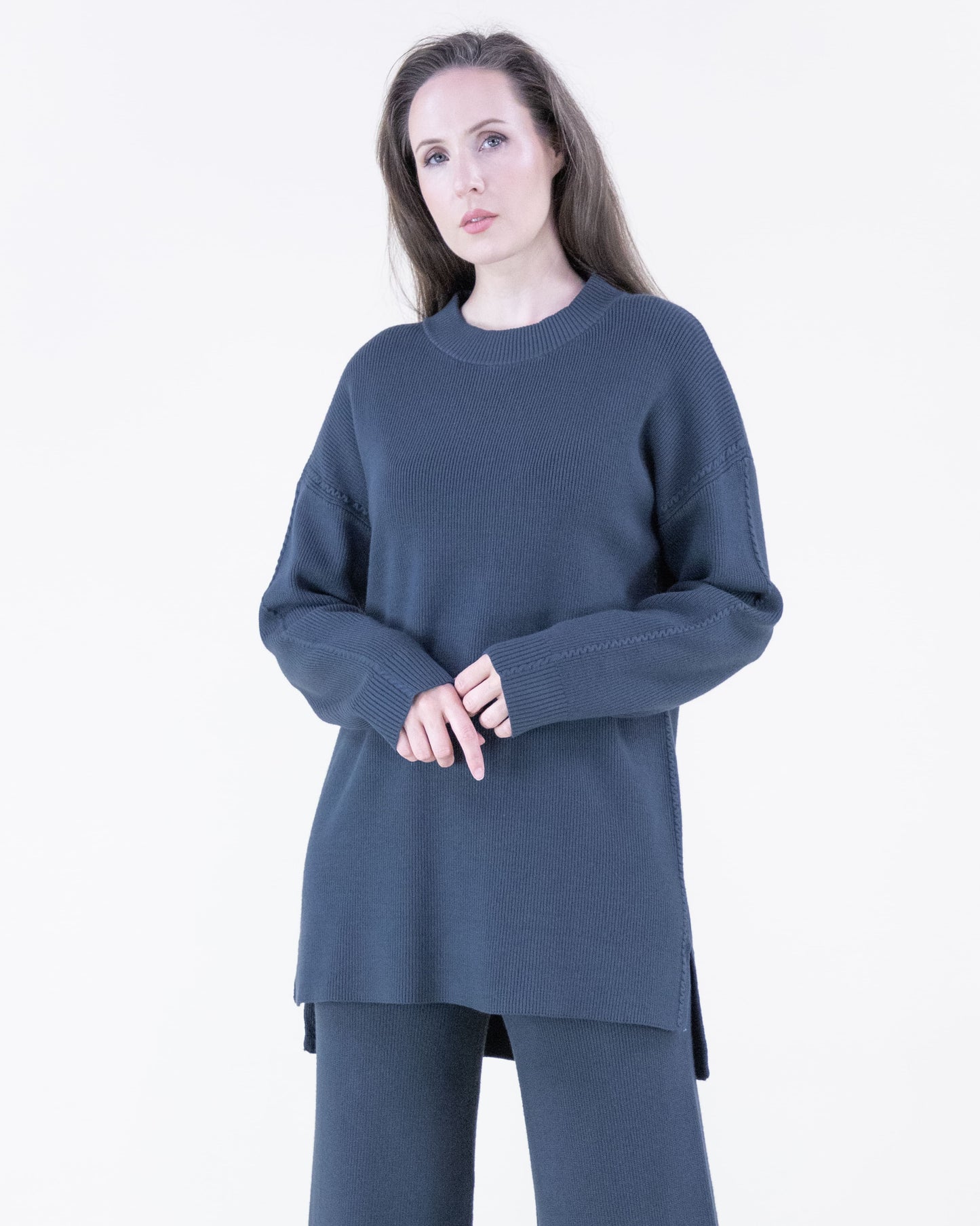 Earth Tone Ribbed Knit Sweater and Wide-Leg Pants 2pcs Set