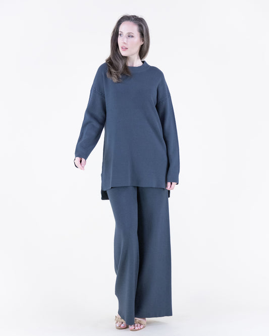 Earth Tone Ribbed Knit Sweater and Wide-Leg Pants 2pcs Set