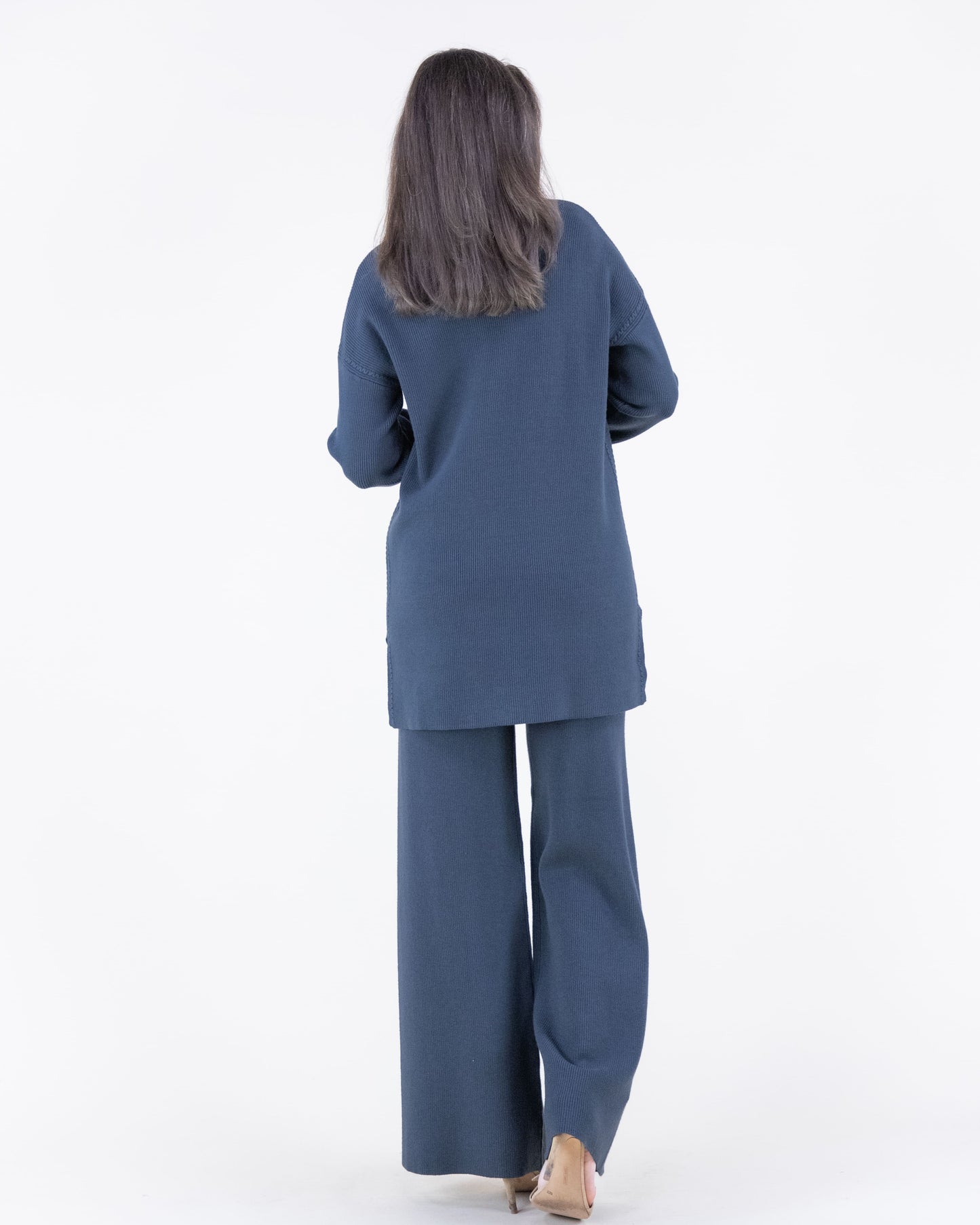 Earth Tone Ribbed Knit Sweater and Wide-Leg Pants 2pcs Set