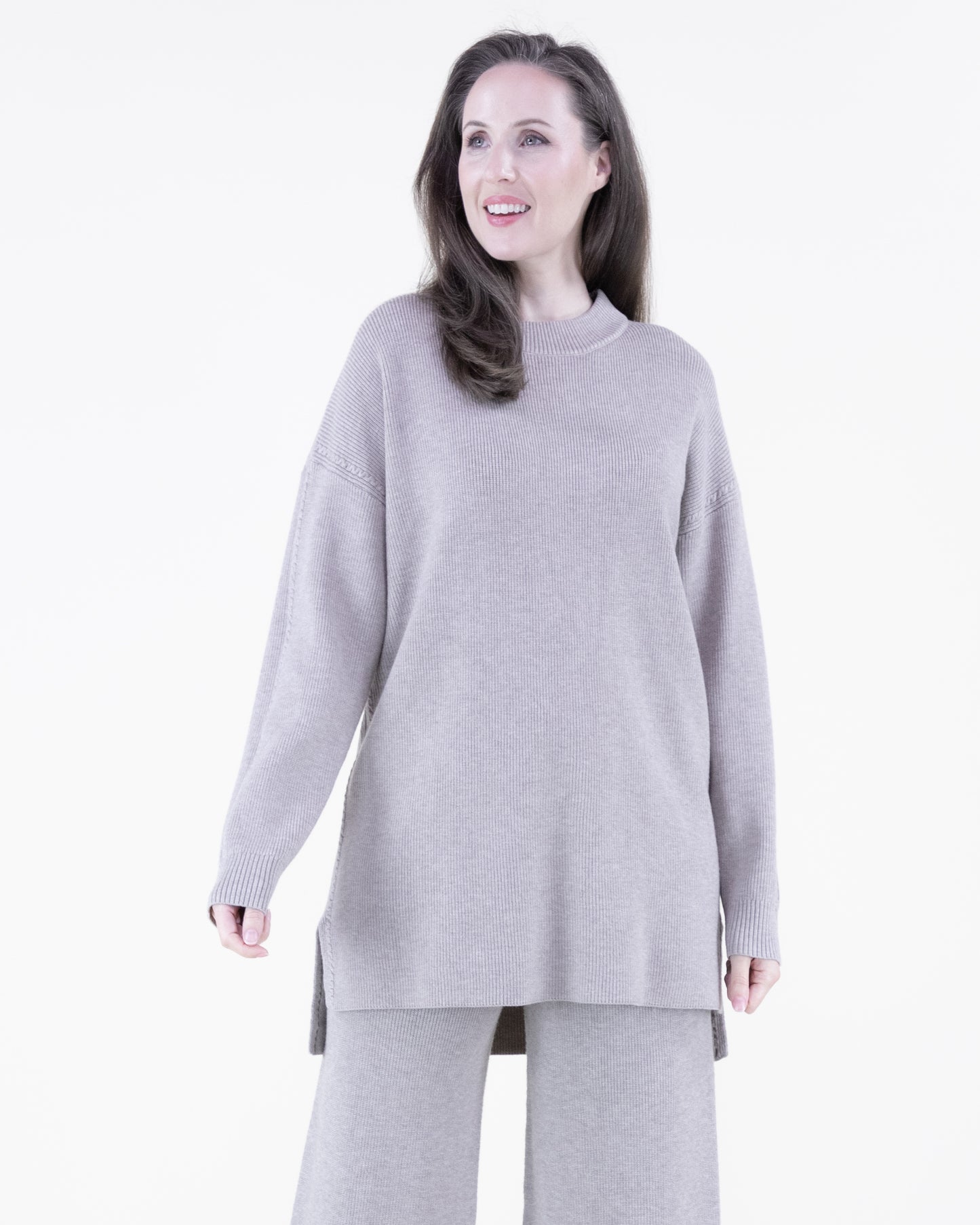 Earth Tone Ribbed Knit Sweater and Wide-Leg Pants 2pcs Set