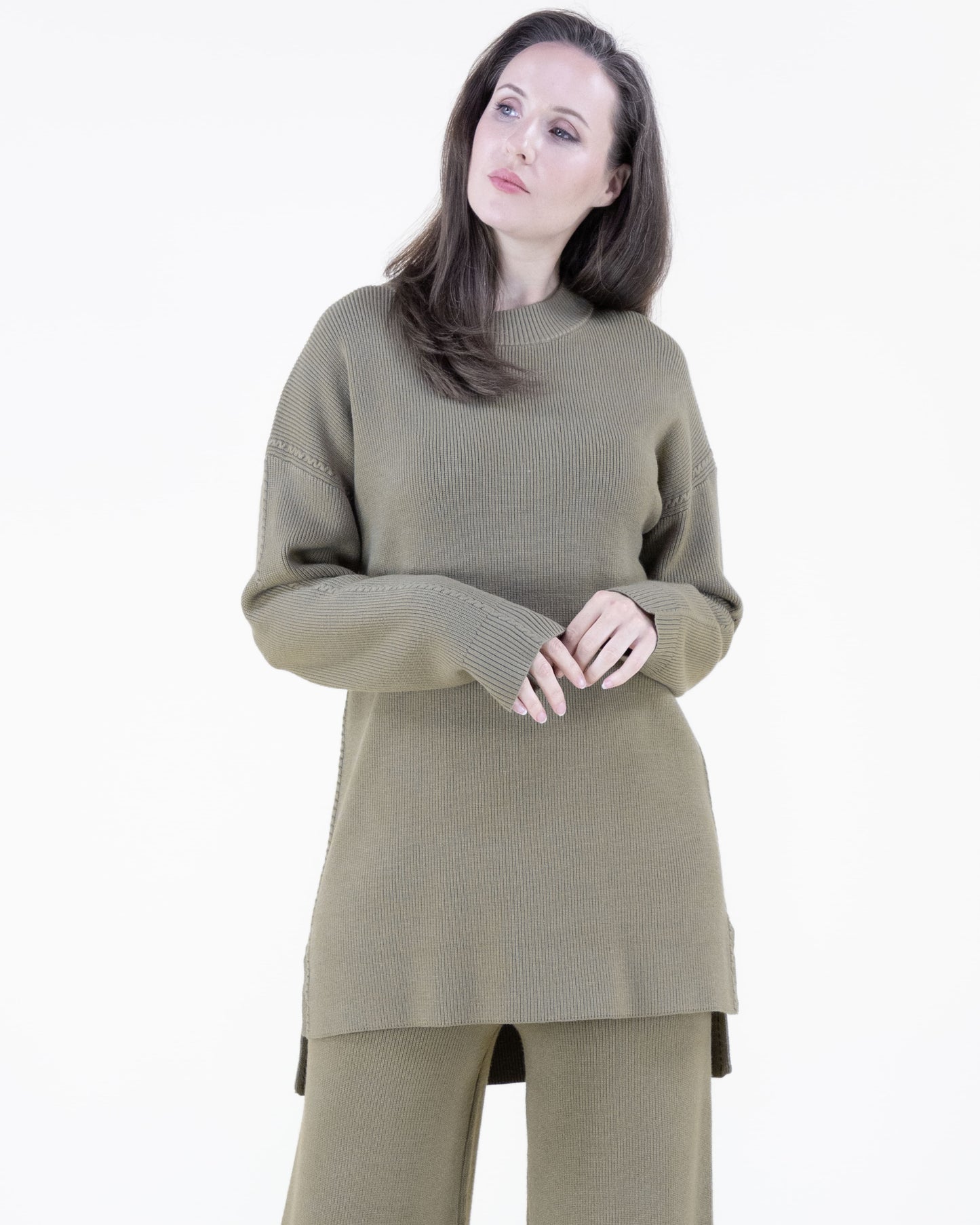 Earth Tone Ribbed Knit Sweater and Wide-Leg Pants 2pcs Set