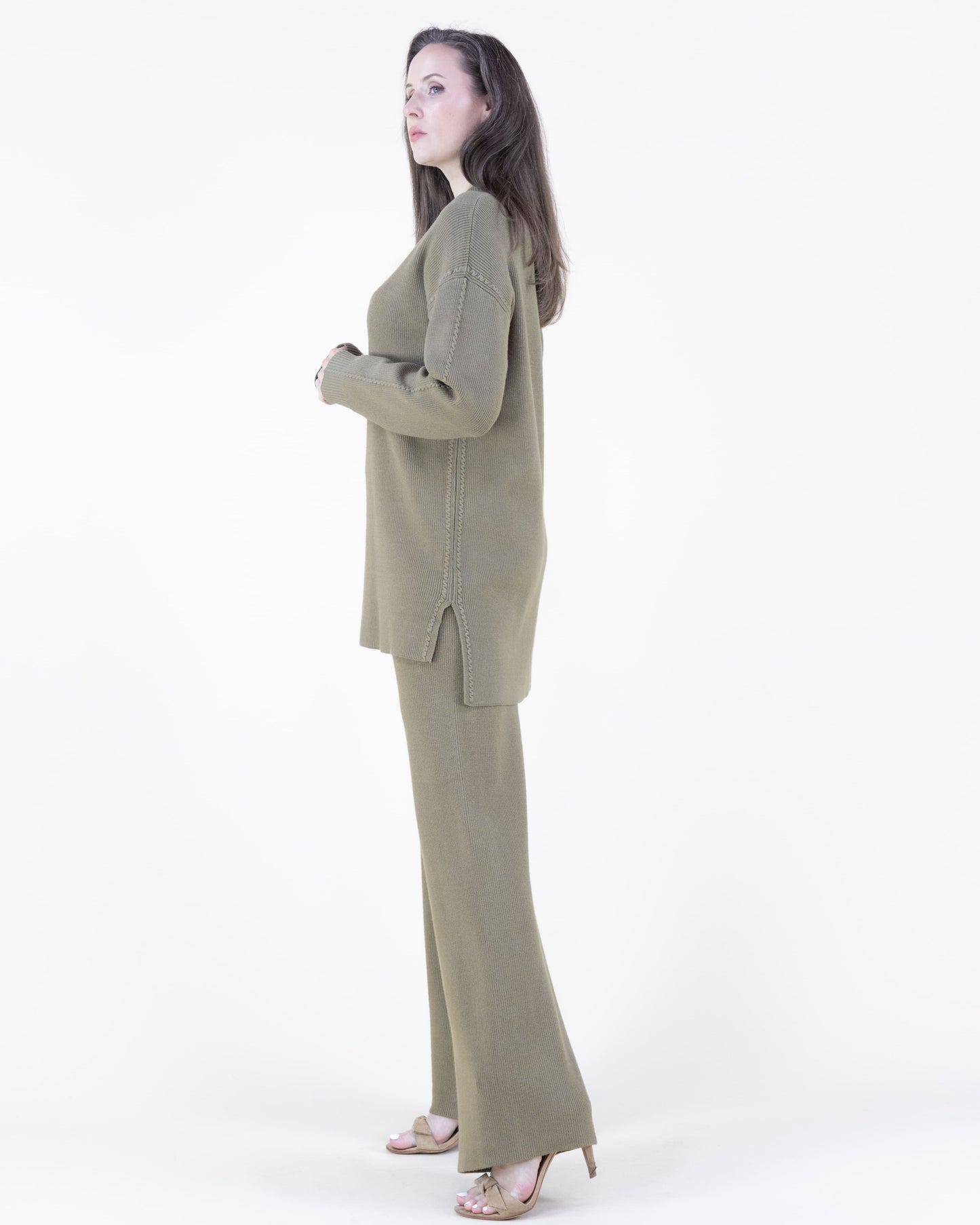 Earth Tone Ribbed Knit Sweater and Wide-Leg Pants 2pcs Set