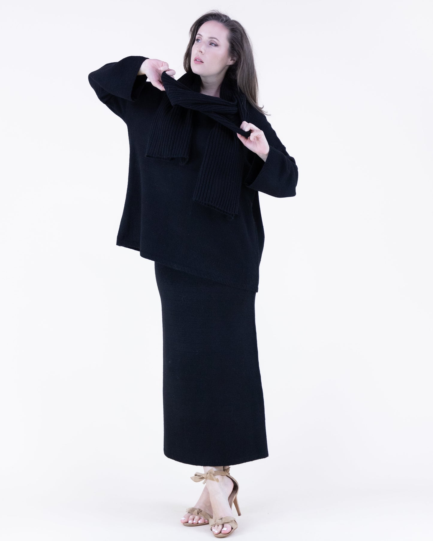 Heather Crew Neck Drop Shoulder Sweater Scarf