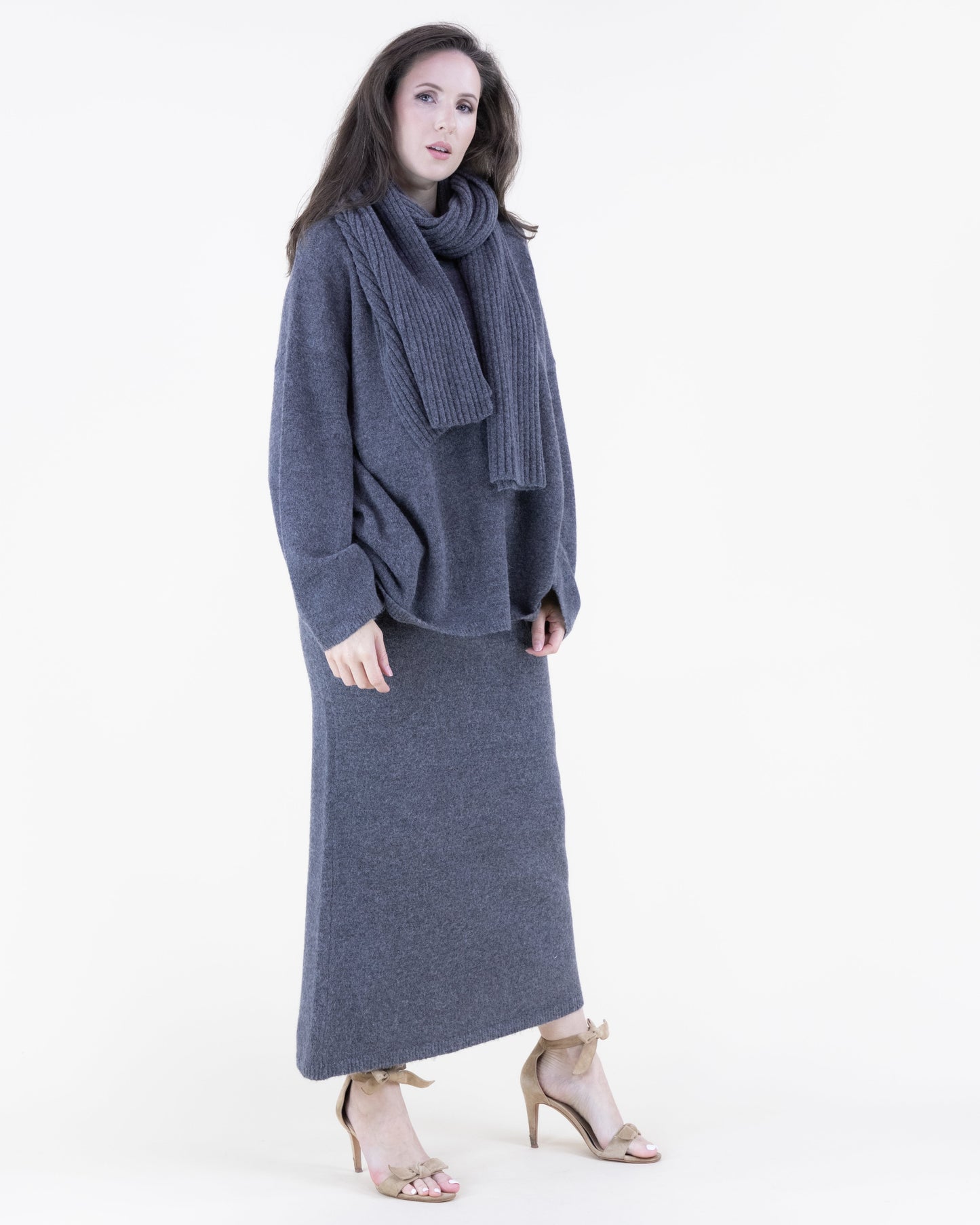 Heather Crew Neck Drop Shoulder Sweater Scarf