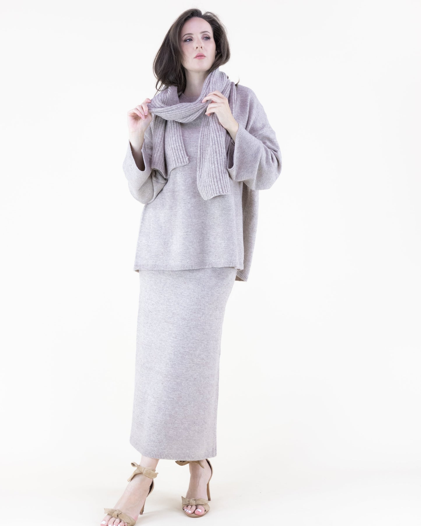 Heather Crew Neck Drop Shoulder Sweater Scarf