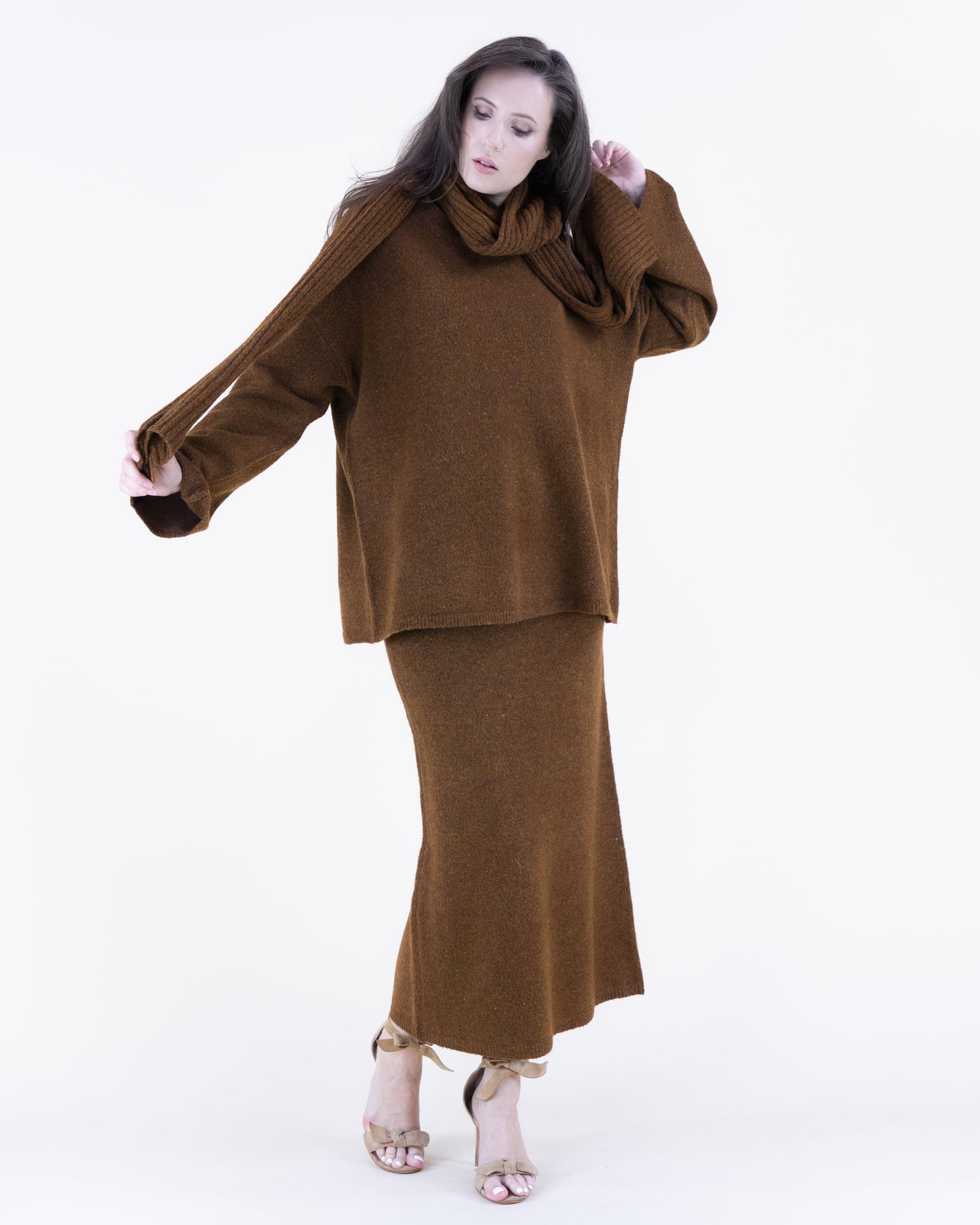Heather Crew Neck Drop Shoulder Sweater Scarf