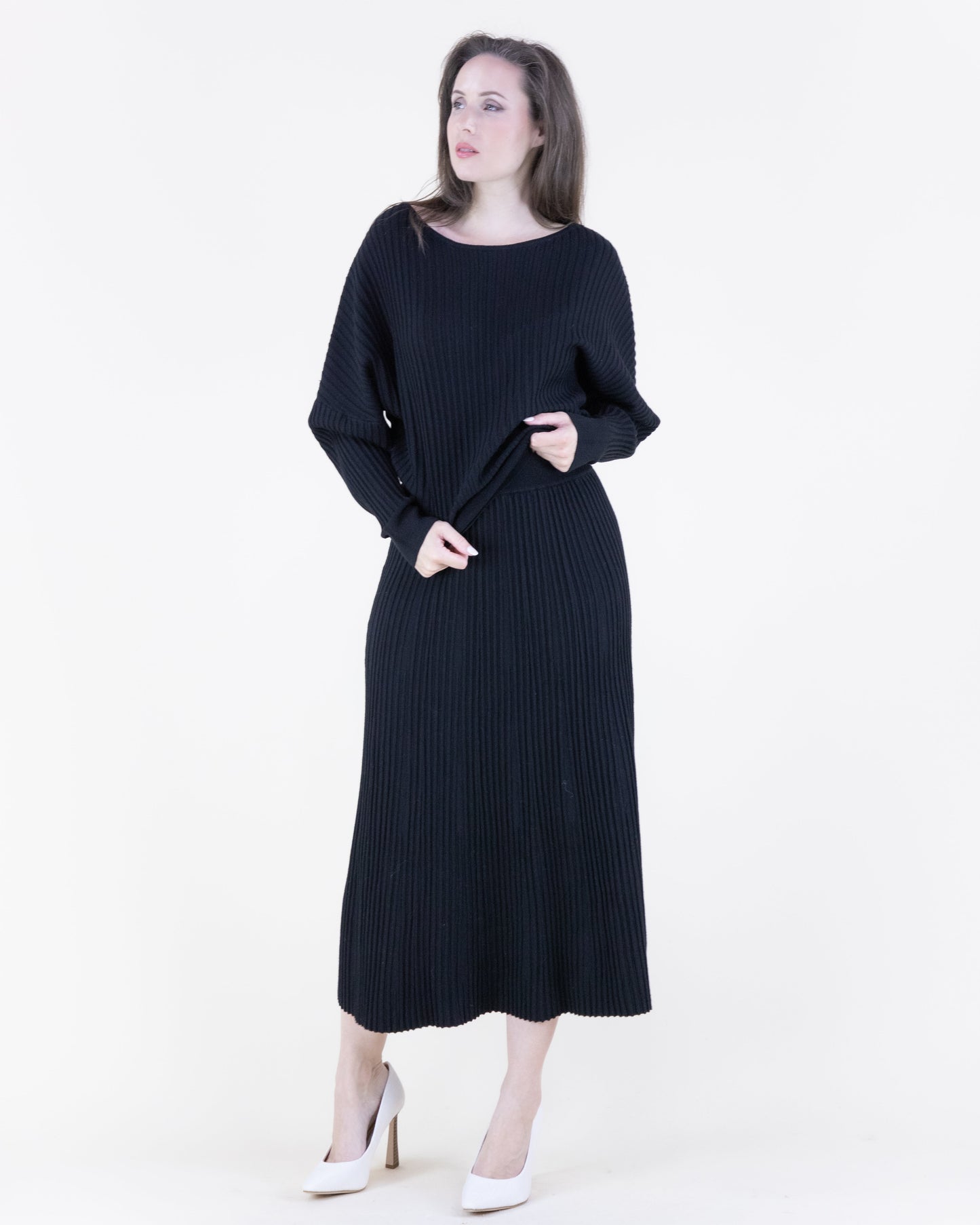 Neutral Ribbed Knit A-Line Midi Skirt - S/M, L/XL