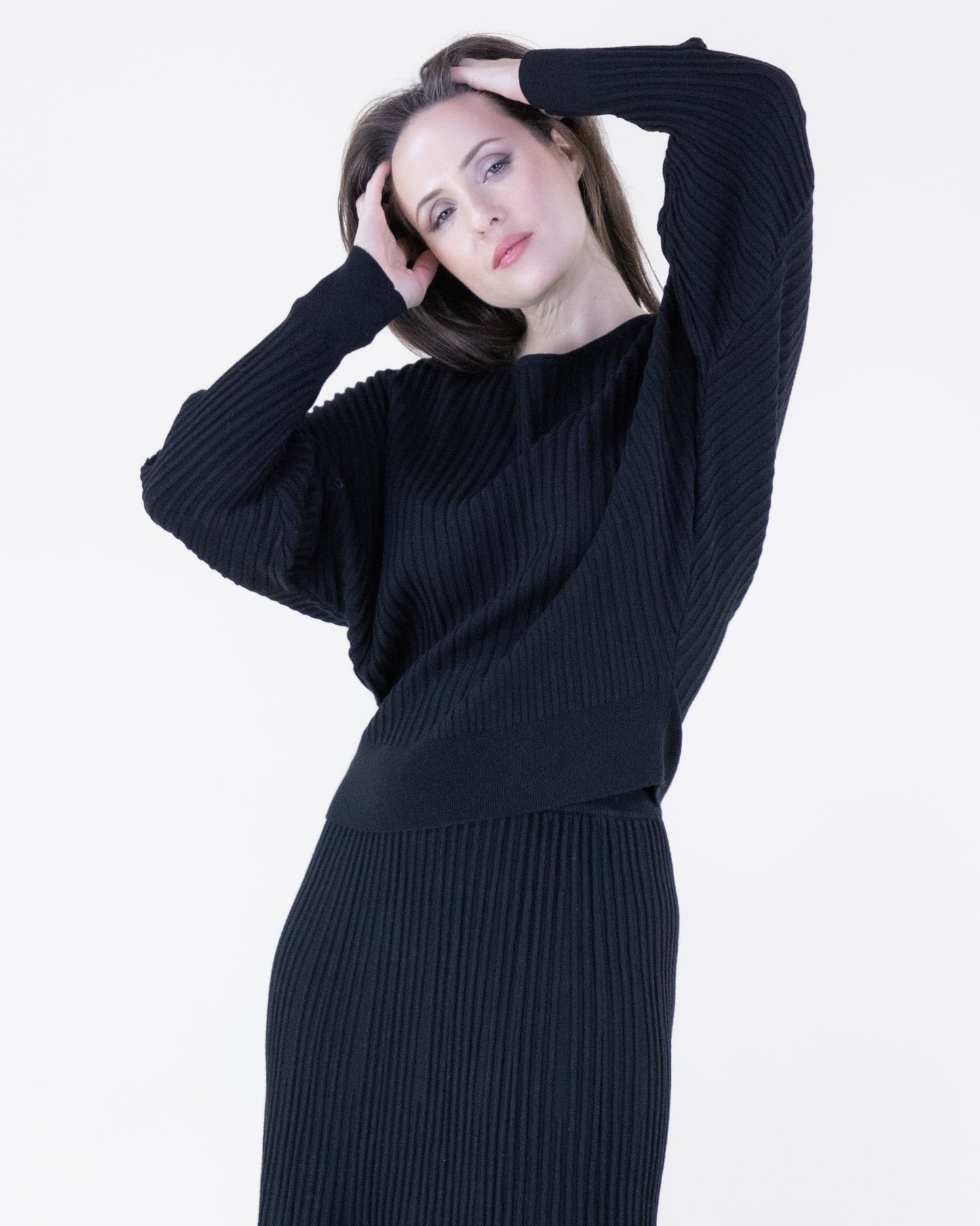 Neutral Boat Neck Drop Shoulder Ribbed Sweater