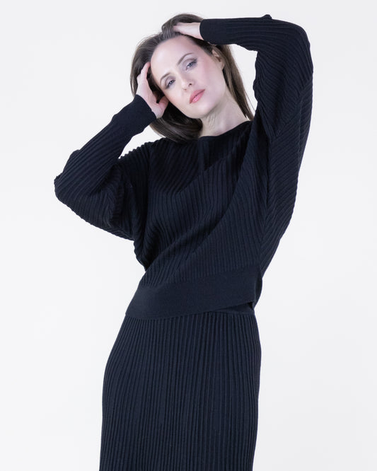 Neutral Boat Neck Drop Shoulder Ribbed Sweater