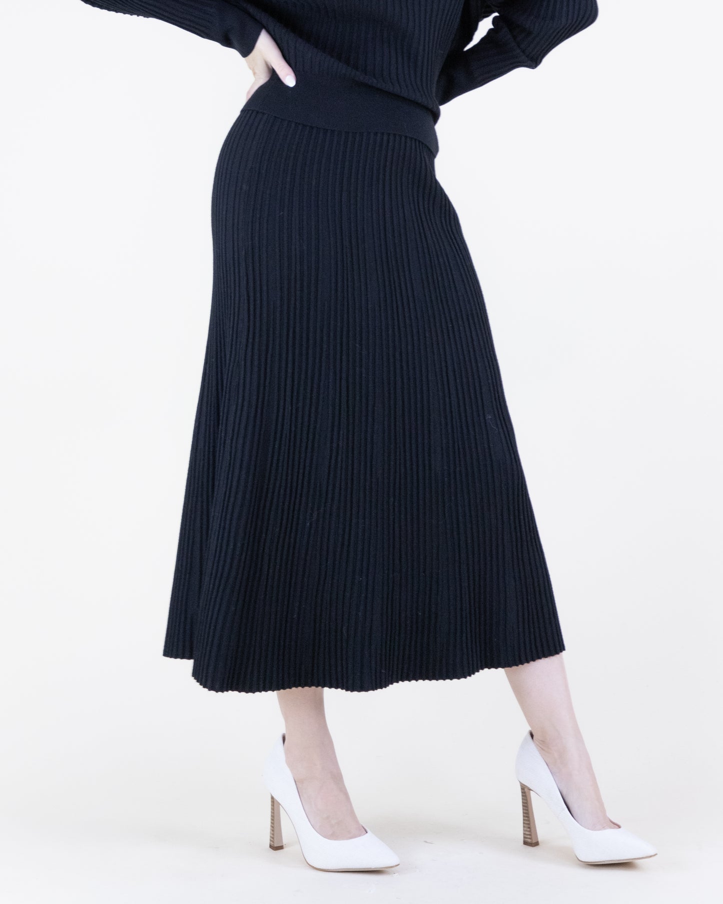 Neutral Ribbed Knit A-Line Midi Skirt - S/M, L/XL