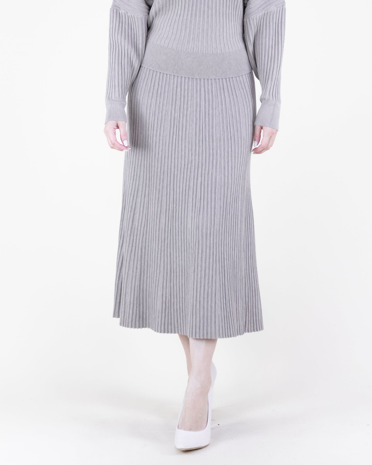 Neutral Ribbed Knit A-Line Midi Skirt - S/M, L/XL