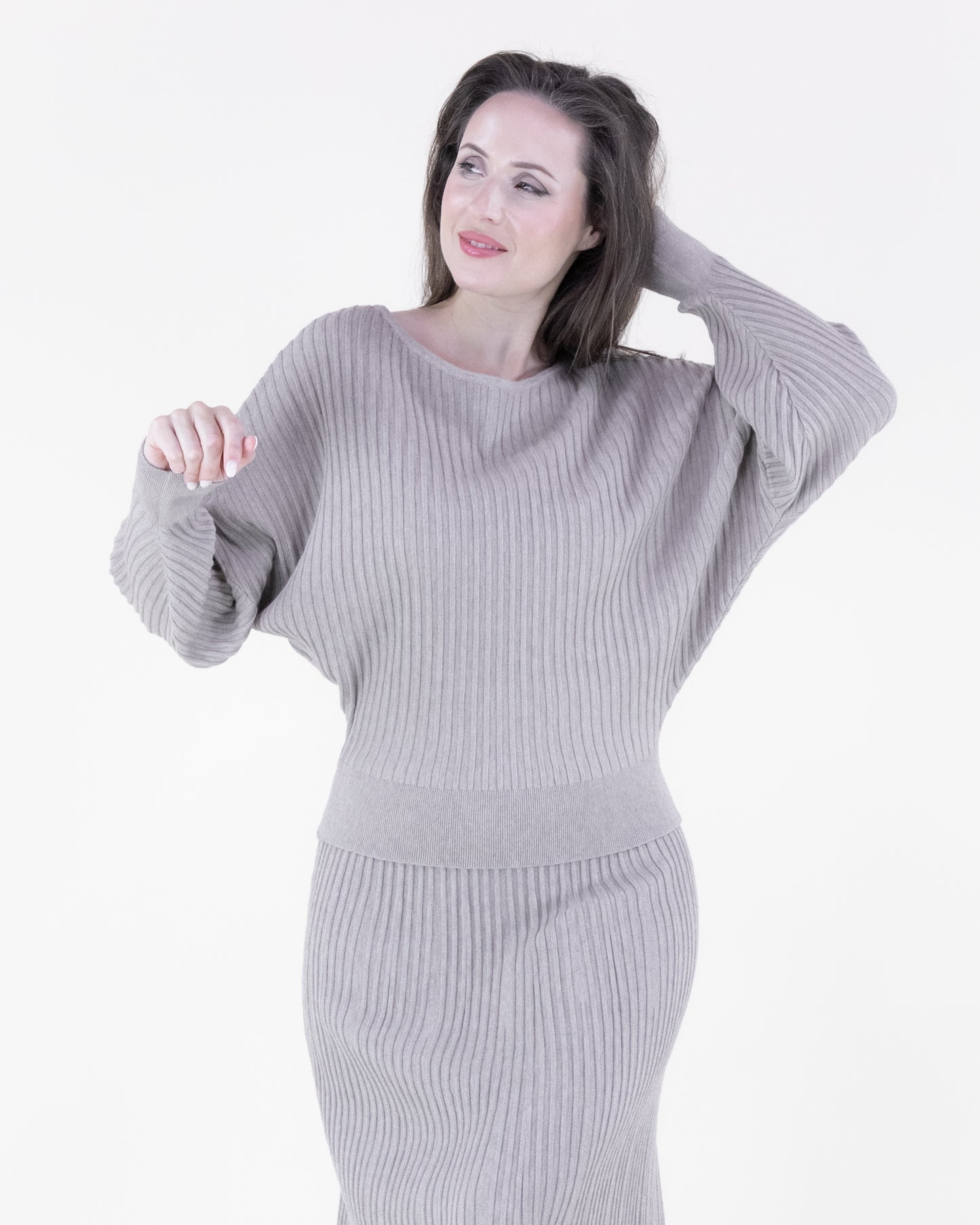 Neutral Boat Neck Drop Shoulder Ribbed Sweater
