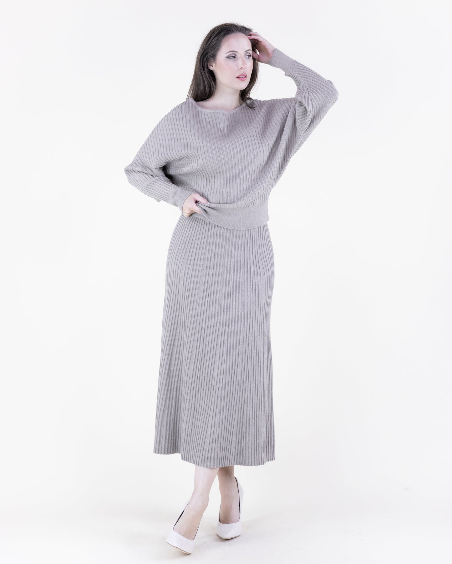 Neutral Ribbed Knit A-Line Midi Skirt - S/M, L/XL