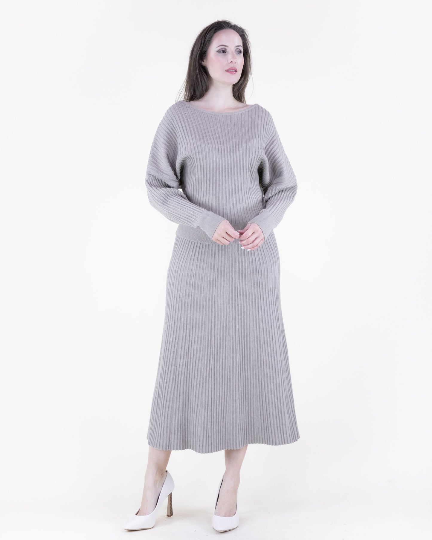 Neutral Boat Neck Drop Shoulder Ribbed Sweater