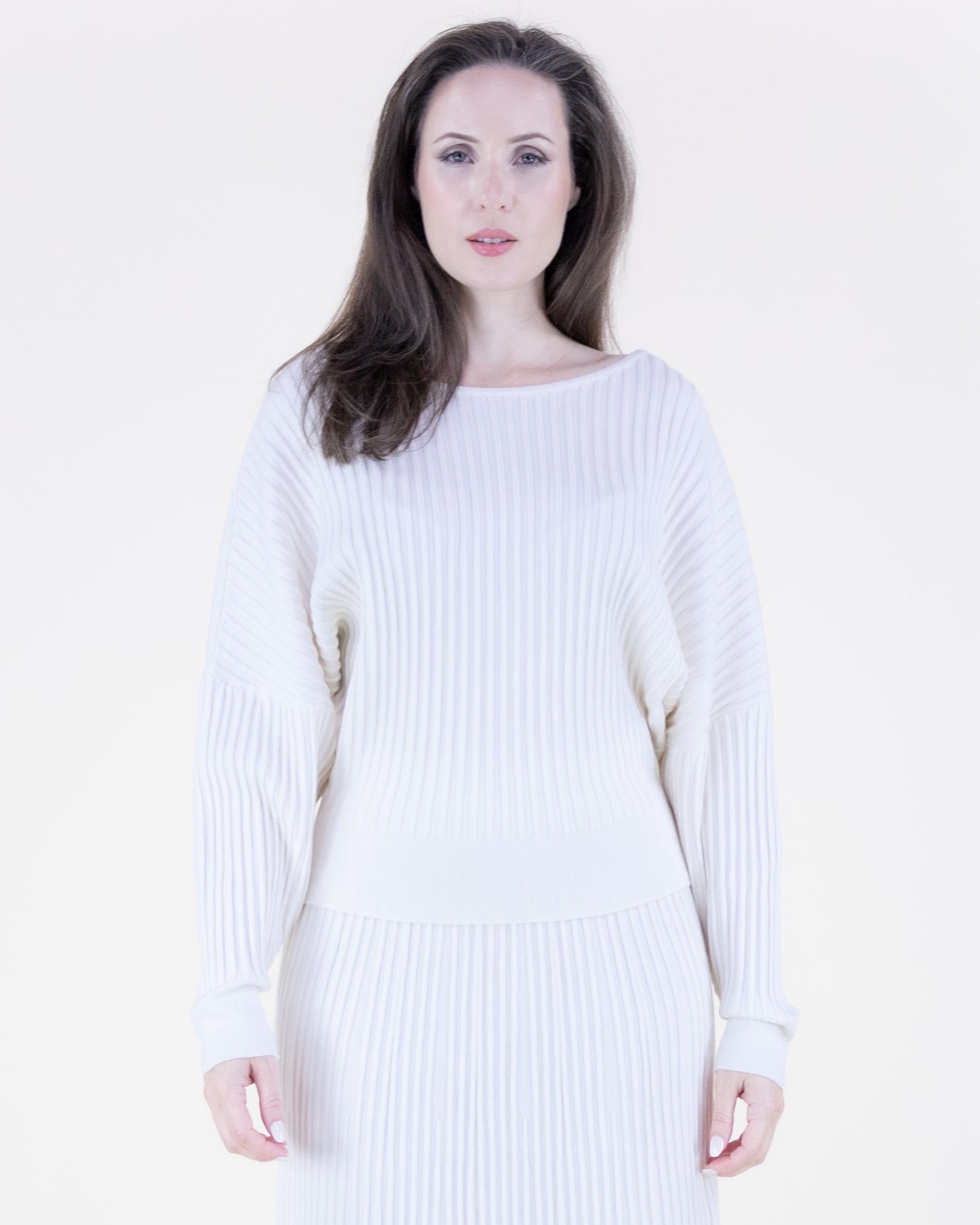 Neutral Boat Neck Drop Shoulder Ribbed Sweater