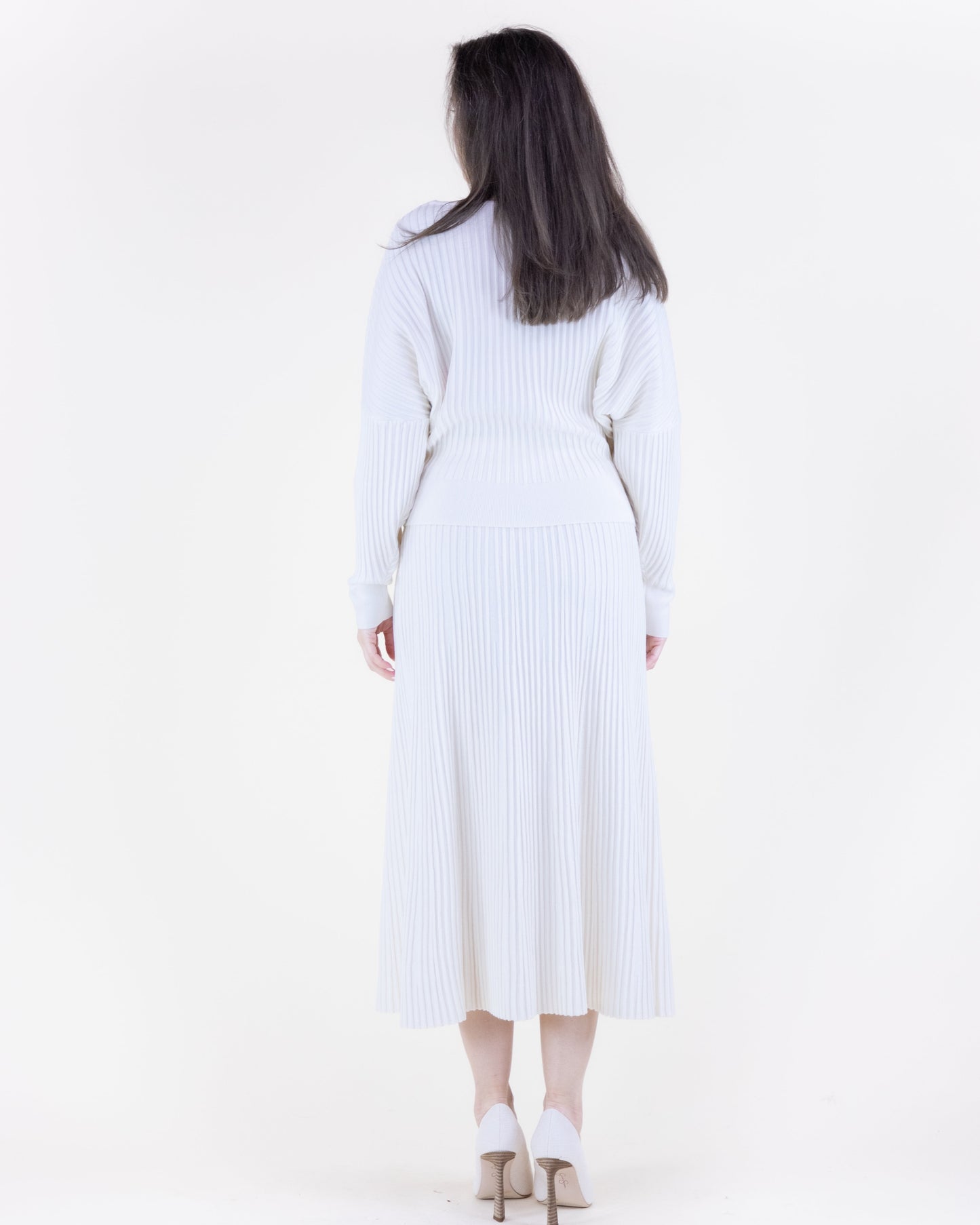 Neutral Ribbed Knit A-Line Midi Skirt - S/M, L/XL