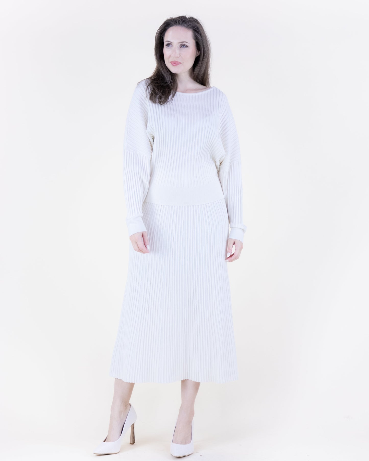 Neutral Ribbed Knit A-Line Midi Skirt - S/M, L/XL