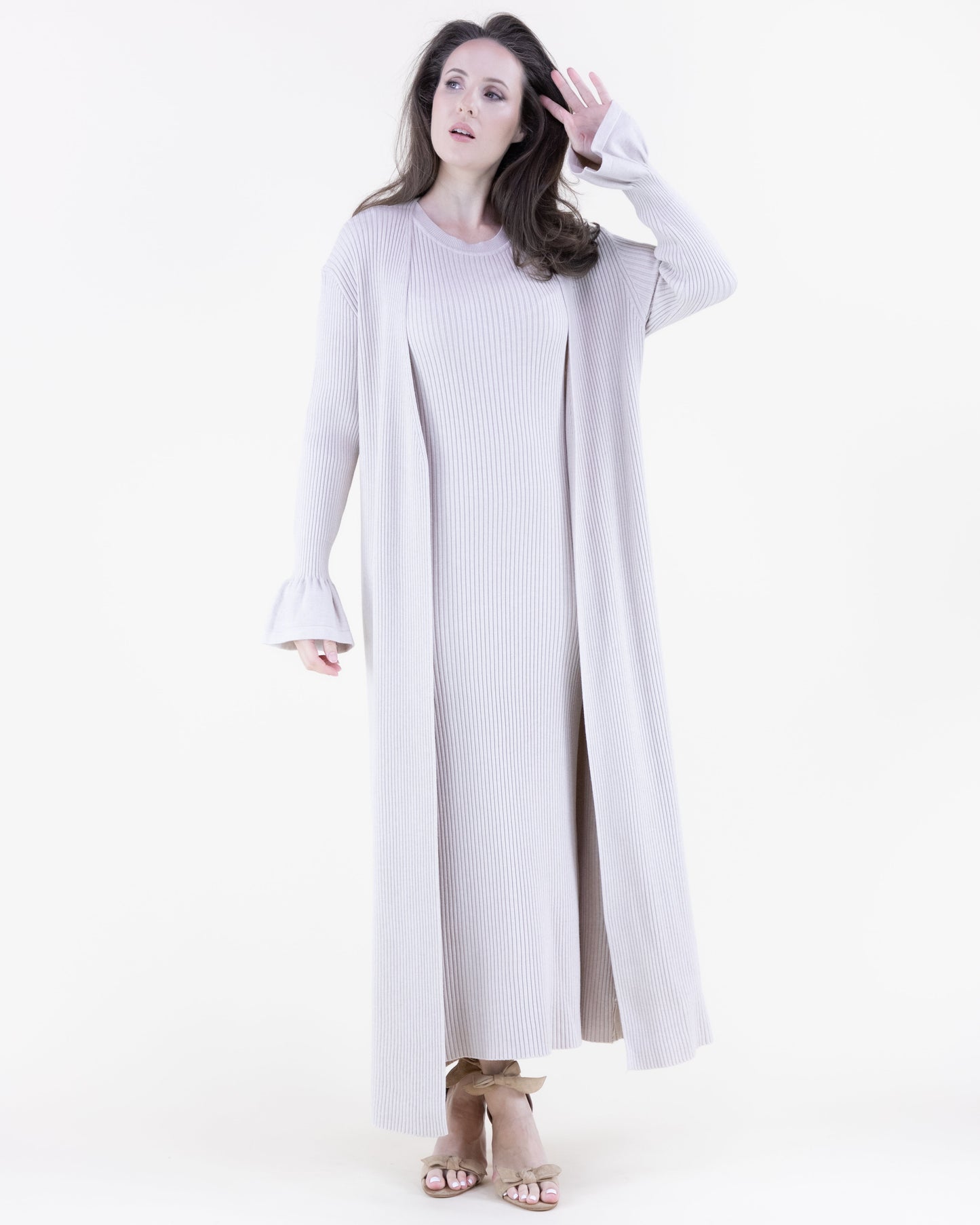 Warm Tone Ruffle Cuff Ribbed Duster Cardigan