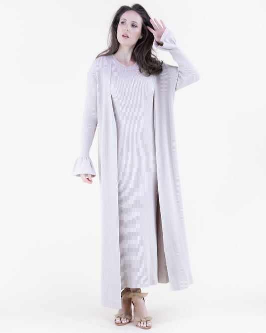 Warm Tone Ruffle Cuff Ribbed Duster Cardigan