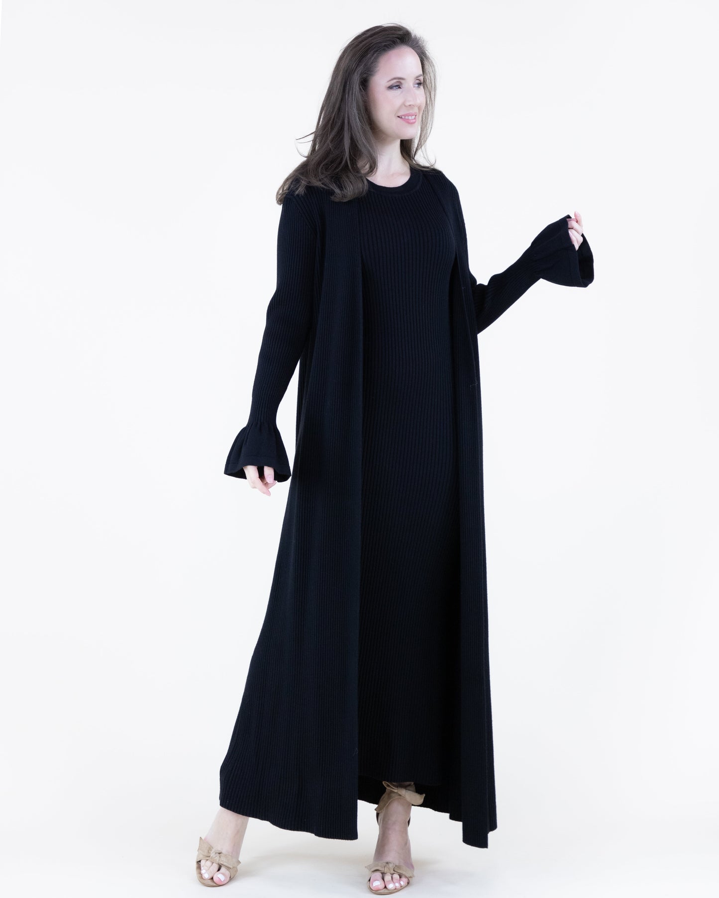 Warm Tone Ruffle Cuff Ribbed Duster Cardigan