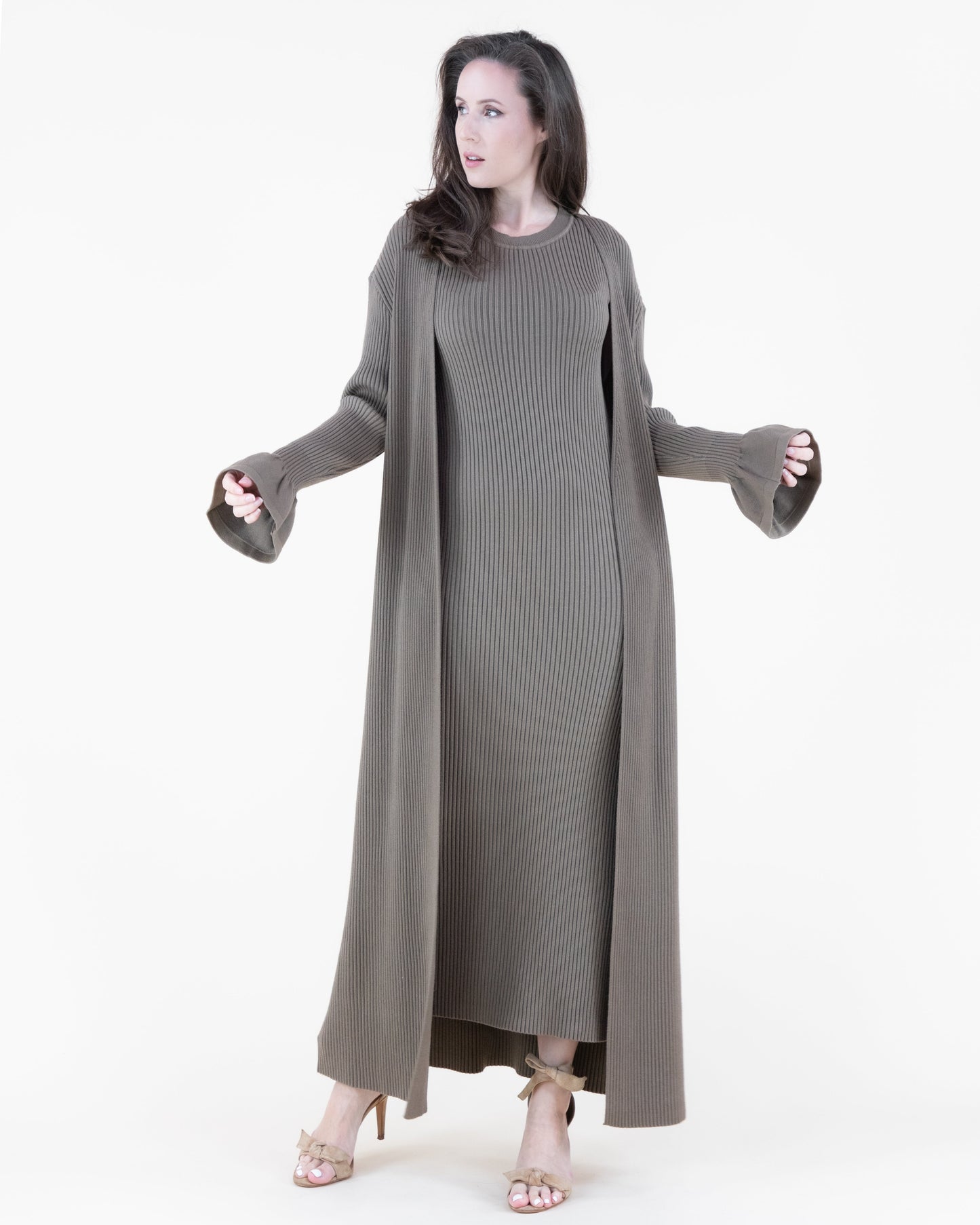 Warm Tone Ruffle Cuff Ribbed Duster Cardigan