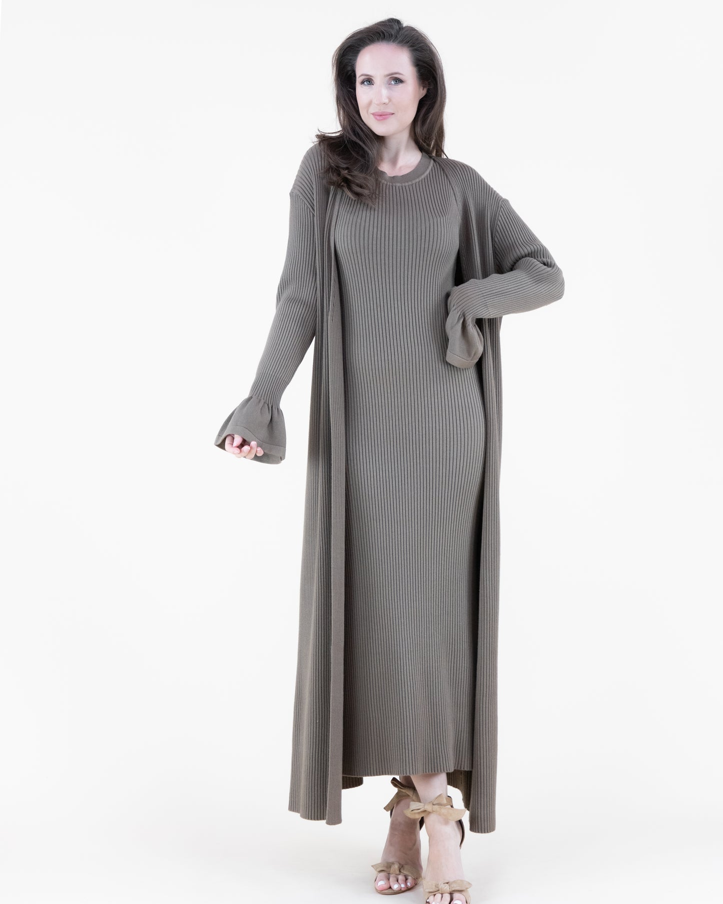 Warm Tone Ruffle Cuff Ribbed Duster Cardigan