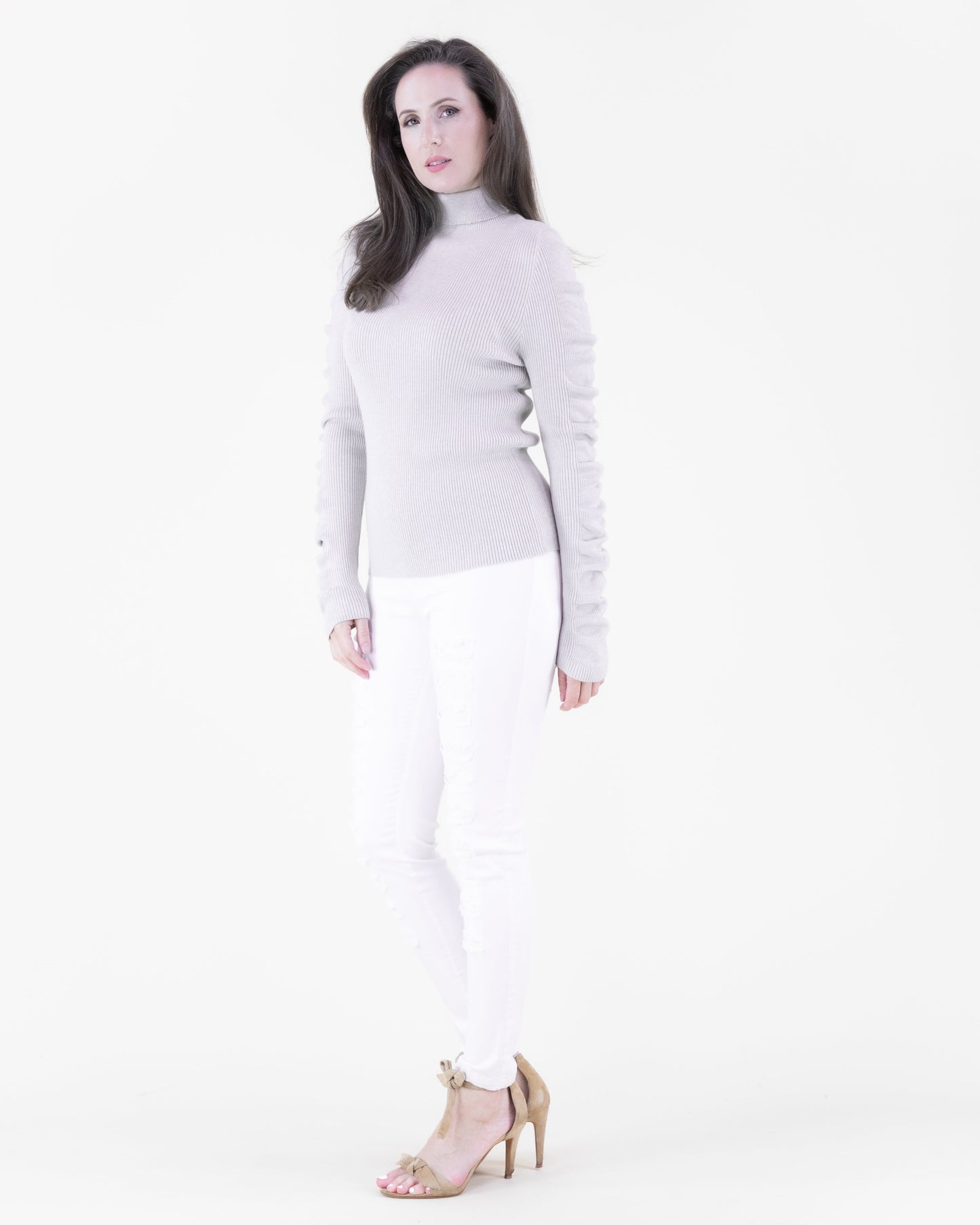Wavy Sleeves Ribbed Turtle Neck Sweater