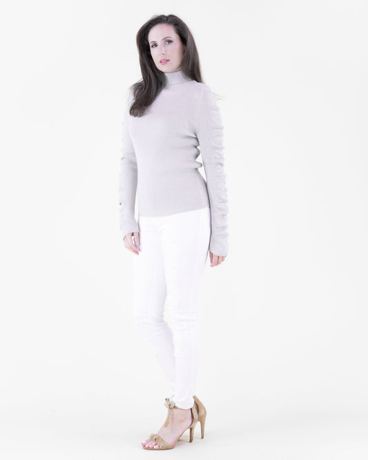 Wavy Sleeves Ribbed Turtle Neck Sweater