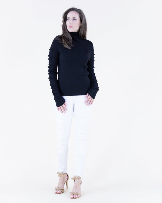Wavy Sleeves Ribbed Turtle Neck Sweater